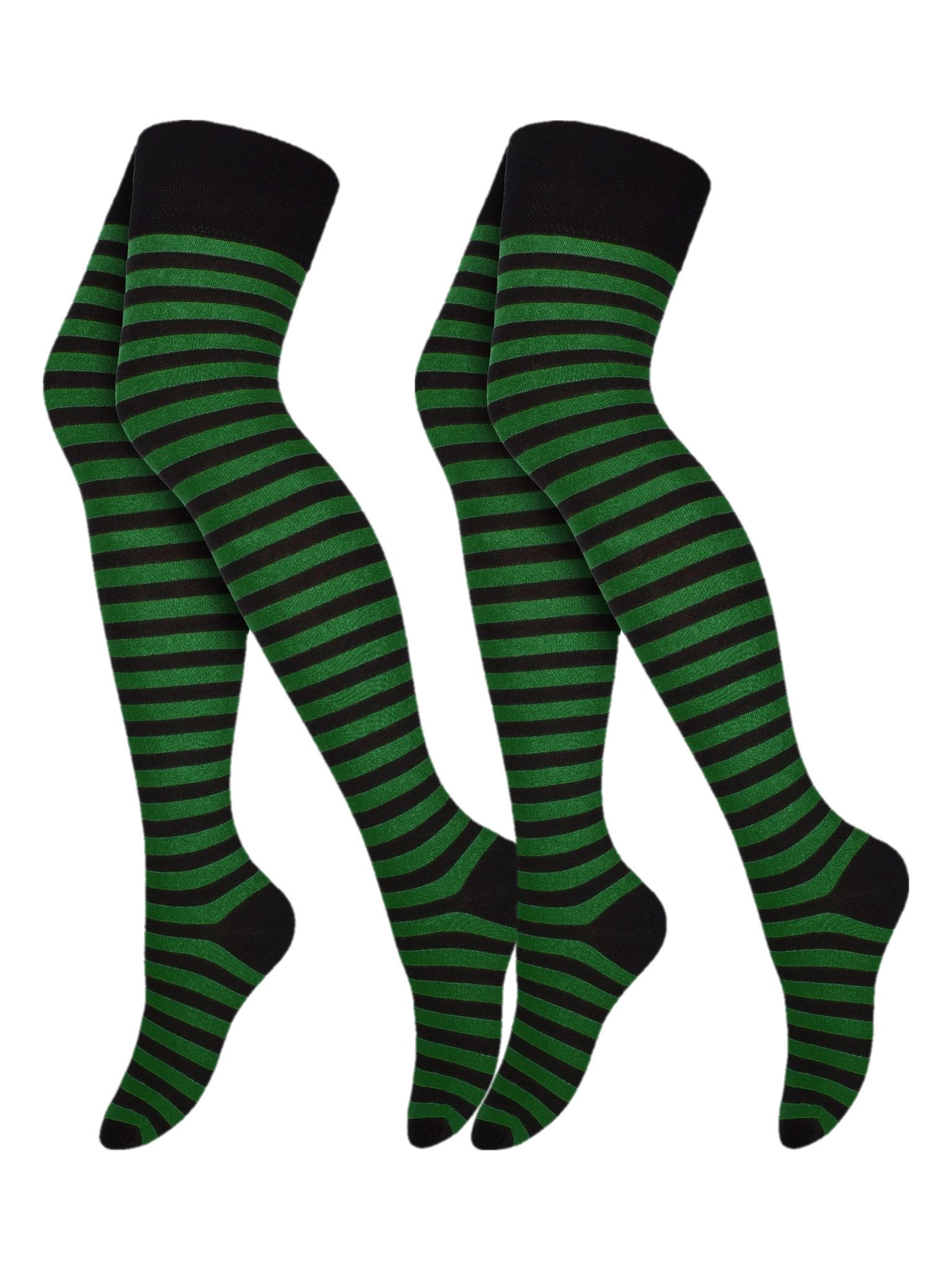 Black Snake Overknees Lange Ringelsocken für Damen mit Baumwolle zu Kostüm Rock und Stiefeln (Socken-Set, 2-Paar, Schwarz/Grün OneSize) Halloween Socken bis übers Knie mit Strickbund für Karneval und Winter