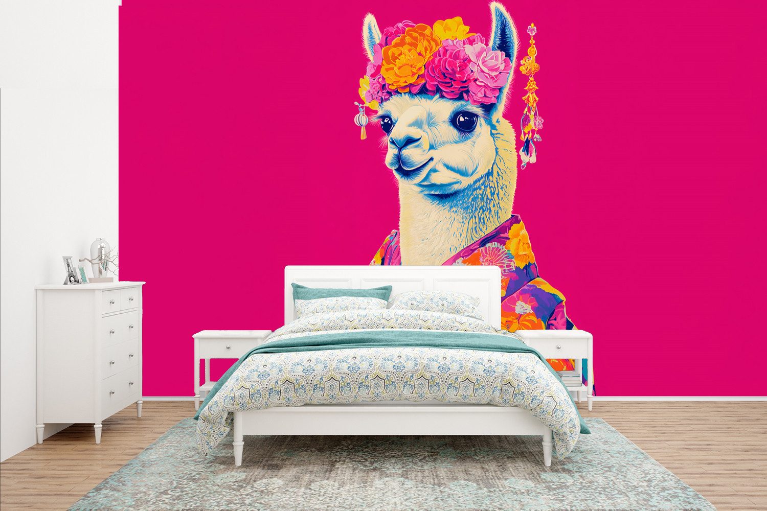 MuchoWow Fototapete Lama - Kimono - Blumenkranz - Hellrosa, Matt, bedruckt, Wallpaper für Wohnzimmer, Schlafzimmer, Vinyl Tapete, 400x240 cm