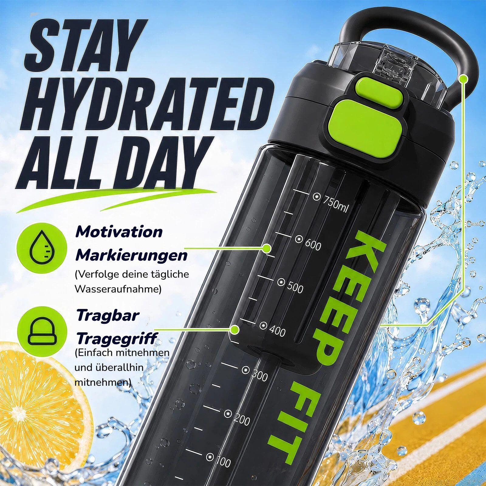 BlingBin Trinkflasche Auslaufsicher Wasserflasche 750ml, Sport Flasche mit Strohhalm, Trinkflasche mit Fruchteinsatz für Arbeit, Wandern, Yoga, Schule – Bild 4 von 5