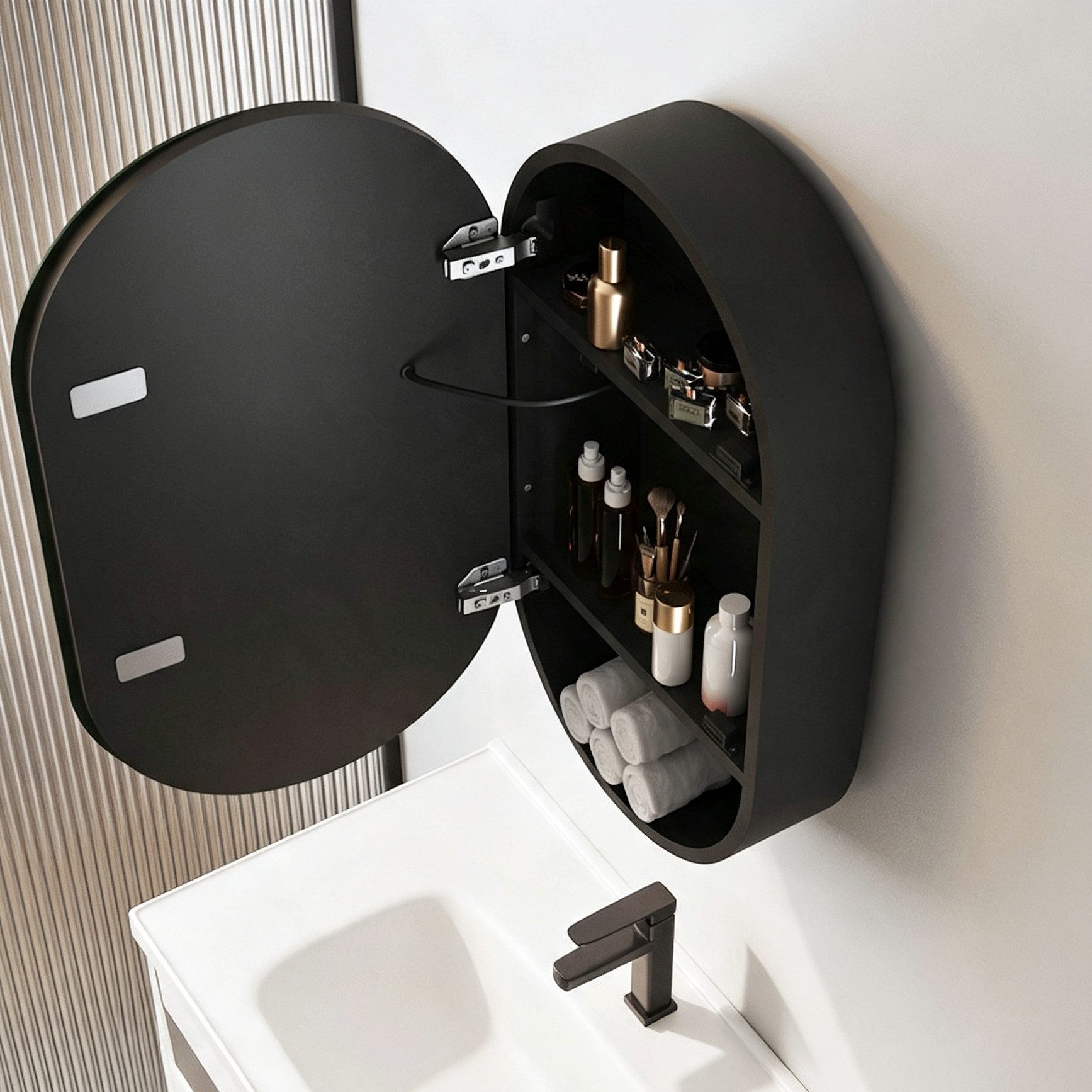 WDWRITTI Badezimmerspiegelschrank Oval Spiegelschrank Schwarz mit Beleuchtung Kalt/Warm/Neutral Licht (LED Badschrank hängend, Rund Bogen 40x70cm) Stahlblechregale, vormontiert geliefert, mit Netzadapter