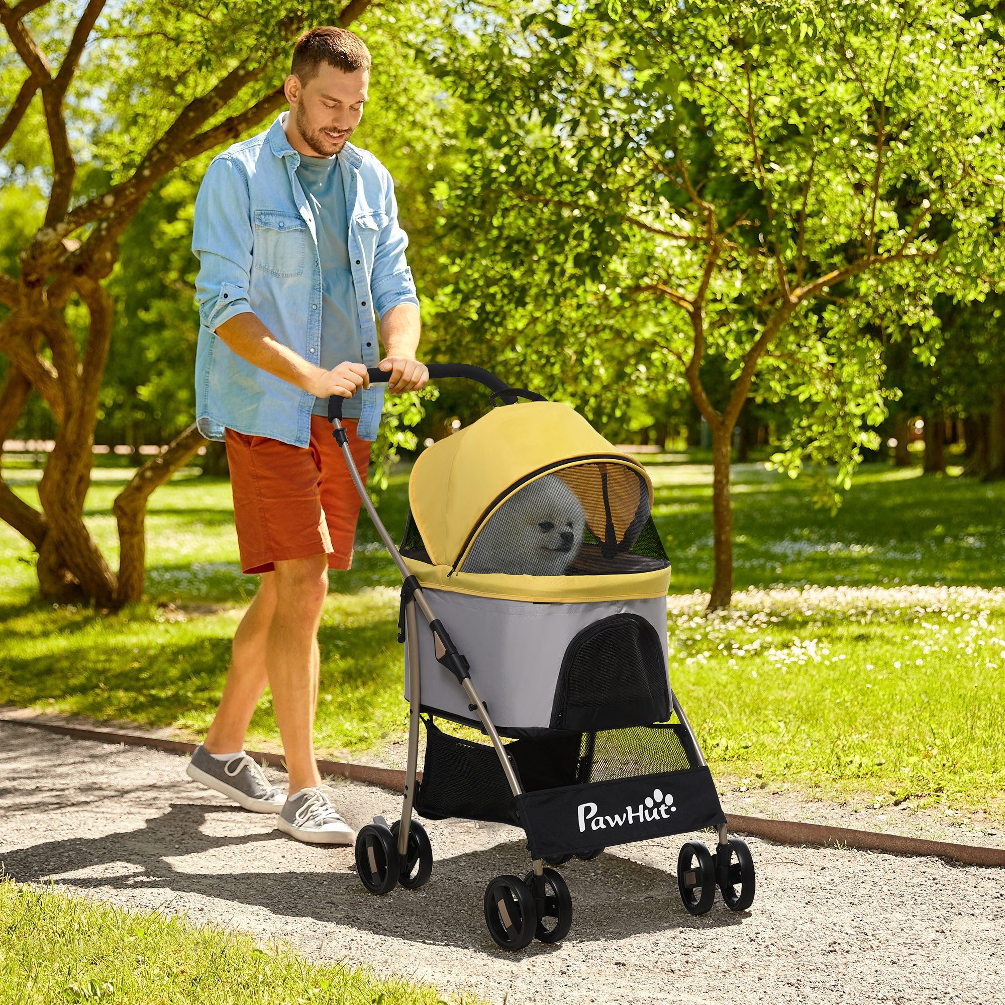 PawHut Hundebuggy 2 in 1 Faltbar bis 10kg Haustierbuggy, (Hundewagen, 1-tlg), für kleine Hunde, Katzen, Oxfordstoff, Gelb