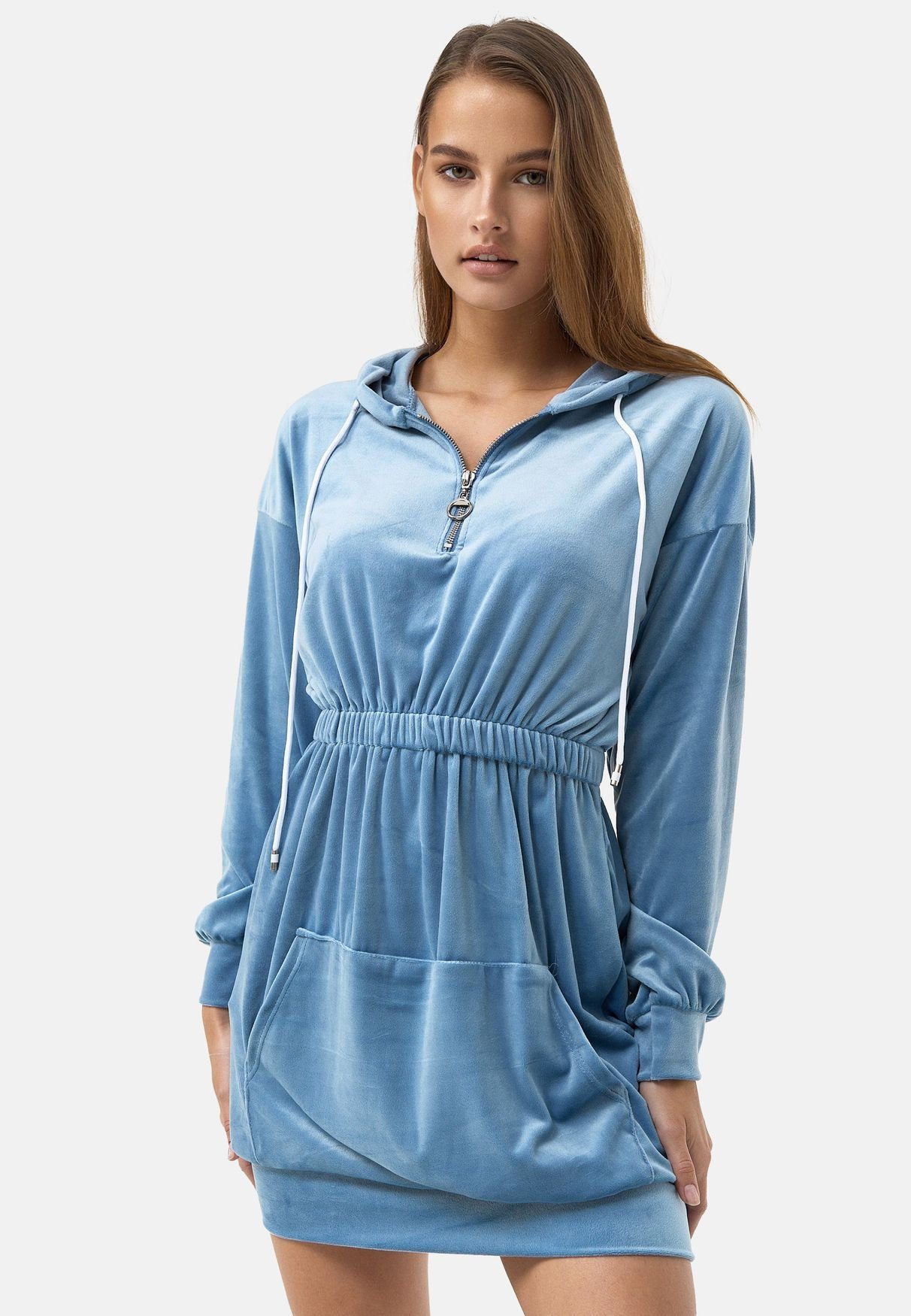 enflame Shirtkleid Long Oversized Hoodie Dress Nicki Velours Kapuzen Pullover Kleid (lang, 1-tlg) 3874 in Hellblau