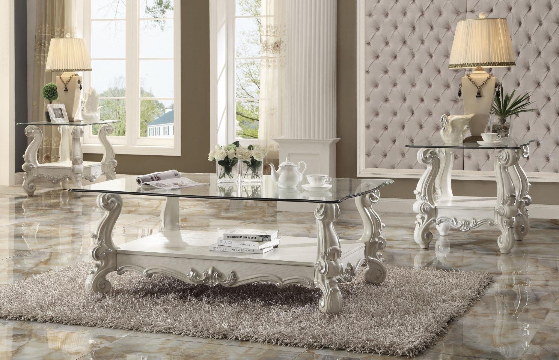 JVmoebel Couchtisch Eleganter Barock Beistelltisch in Weiß aus Holz und Glas (Packung), Made in Europa