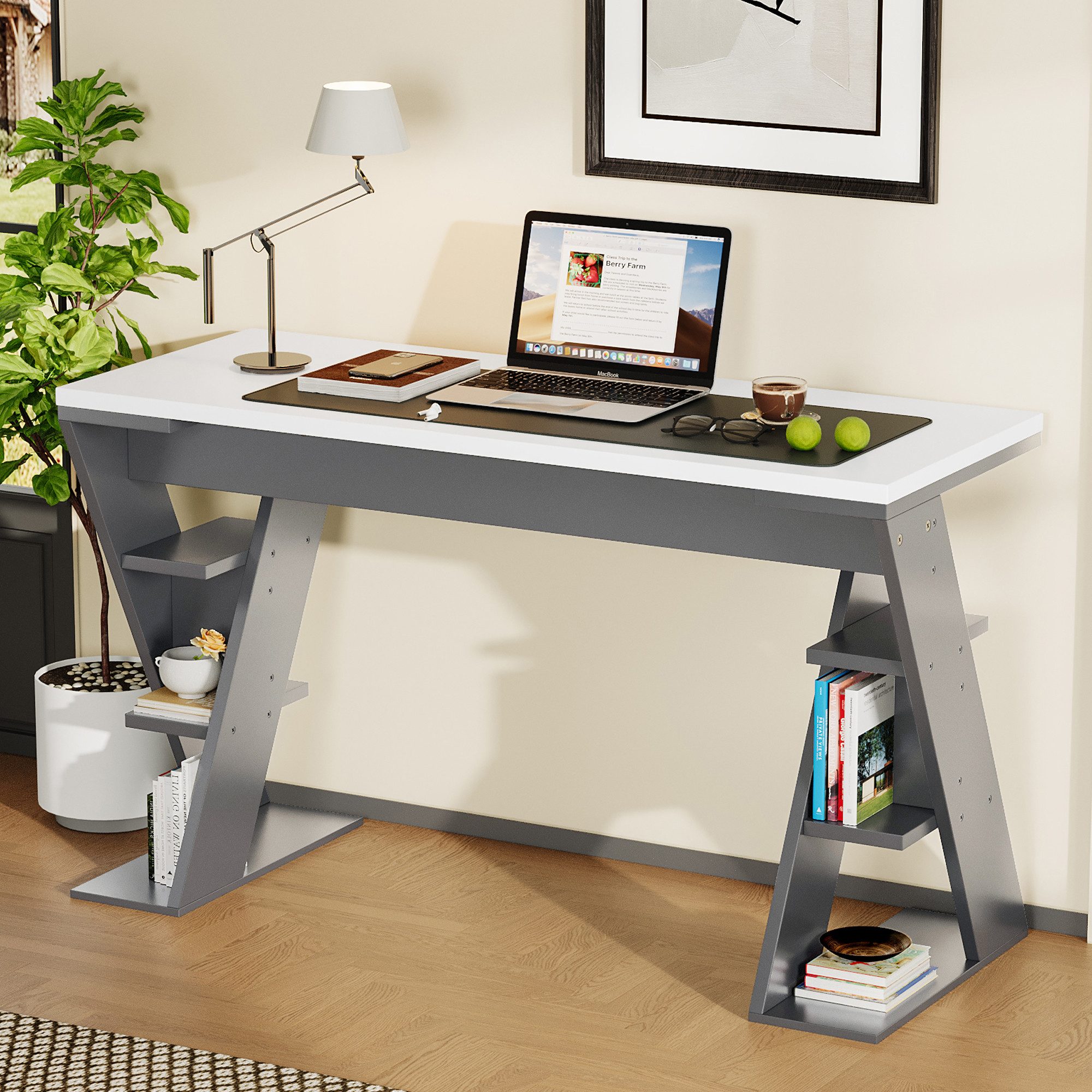 KLAM HOME Schreibtisch Einfacher Schreibtisch, Schreibtisch mit X-förmiger Halterung (120 x 50 x 74 cm Lagerregal mit sechs Positionen), Farblich abgestimmtes Design in Grau und Weiß, stilvoll und robust