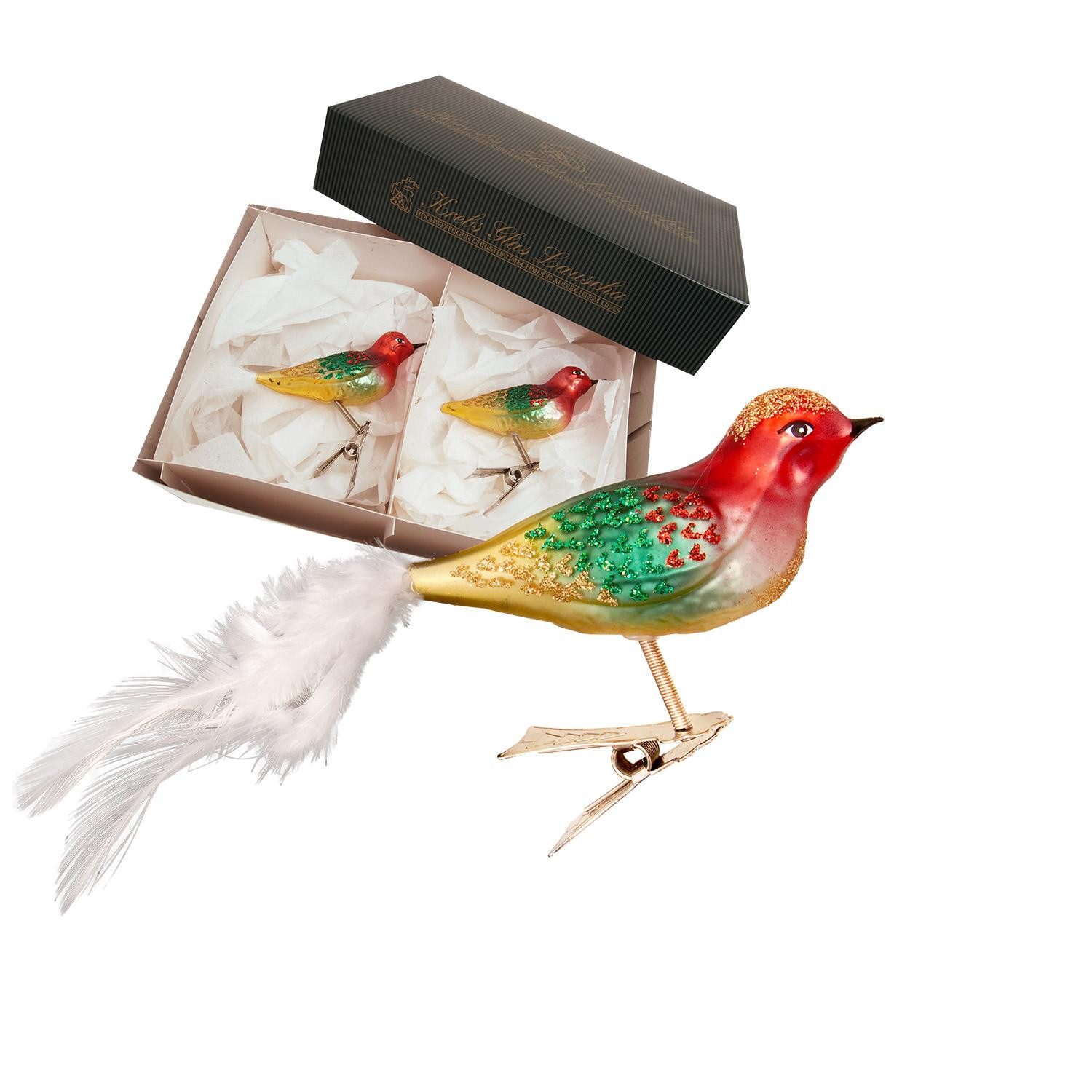 Krebs Glas Lauscha Weihnachtsbaumklammer Christbaumschmuck - bunter Vogel auf Clip - 2 Stück - ca. 8 x 3 x 3 cm, aus handbemaltem und mundgeblasenem Glas gefertigt - hochwertige Deko