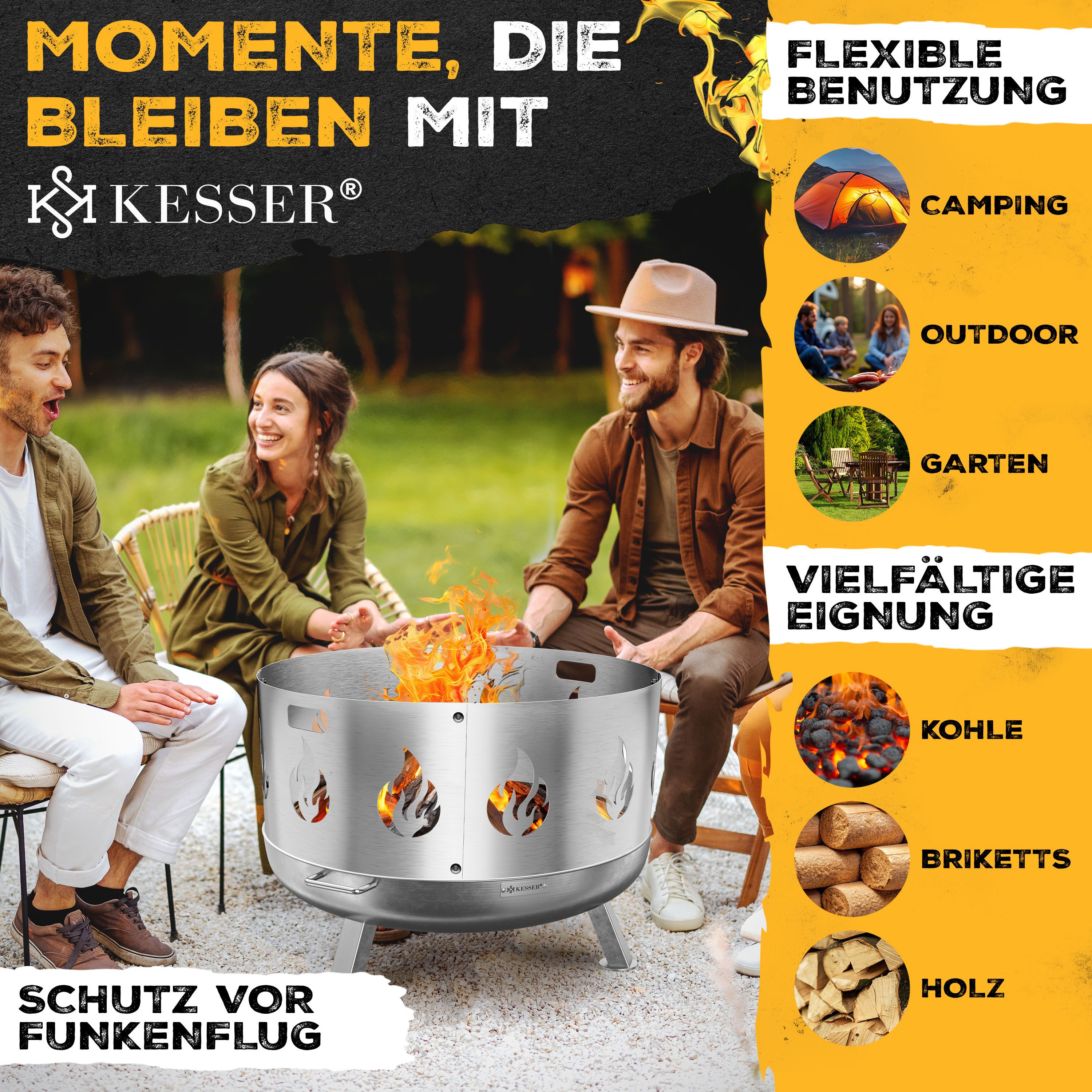 KESSER Feuerschale Feuertonne mit 2,5mm Stahldicke Feuerstelle, (Feuerkorb inklusive Funkenschutz, Feuerhaken + Wasserablauf), Feuerstelle massives Gusseisen 2 stabile Griffe