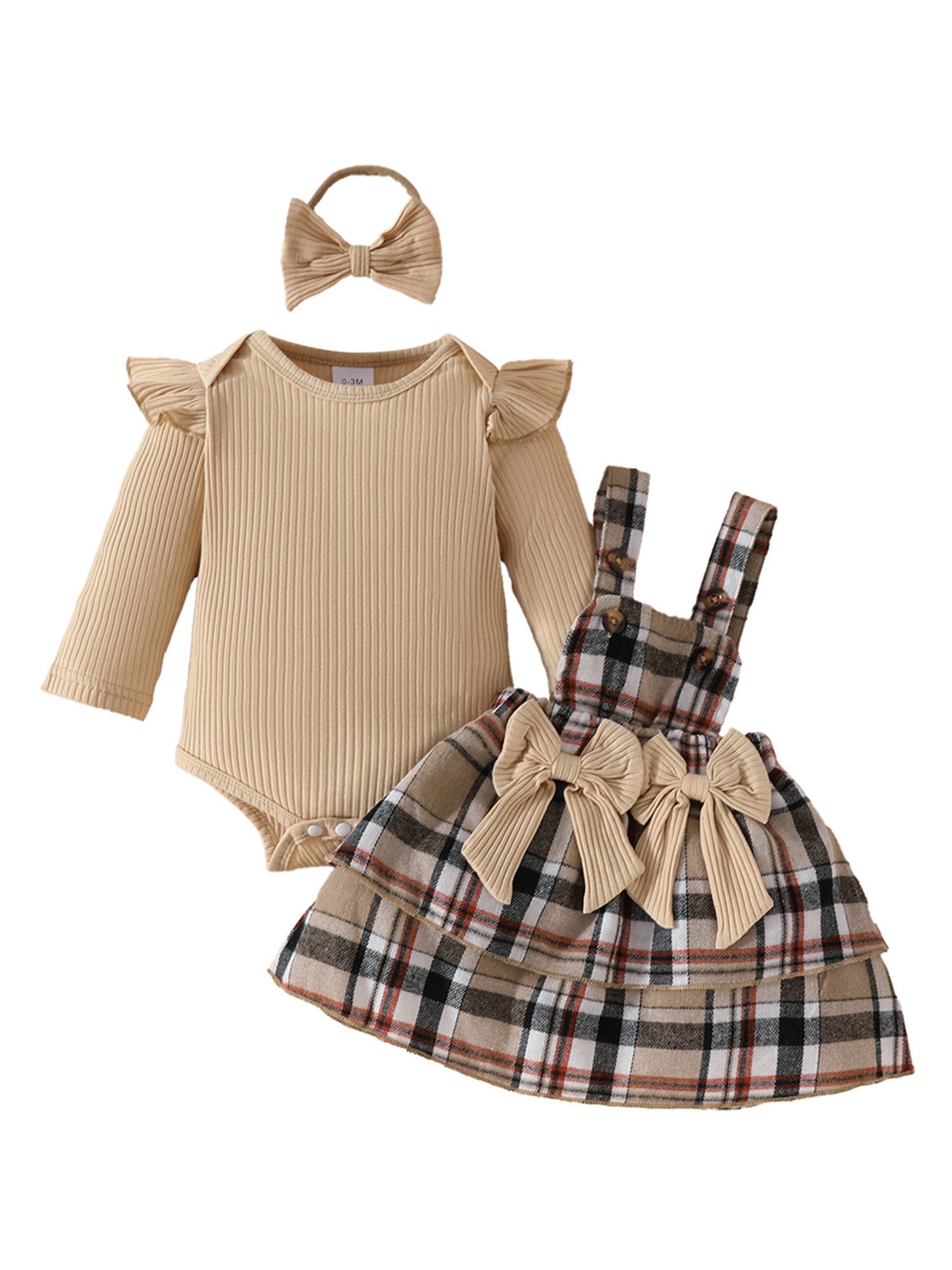 Lapastyle Shirt, Rock & Haarband Langarmbody, Trägerkleid und Stirnband für Neugeborene mit karierte (Set, 3-tlg) Baby Mädchen Süßes Outfit mit Schleife&Rüschen für Party, Geburtstage