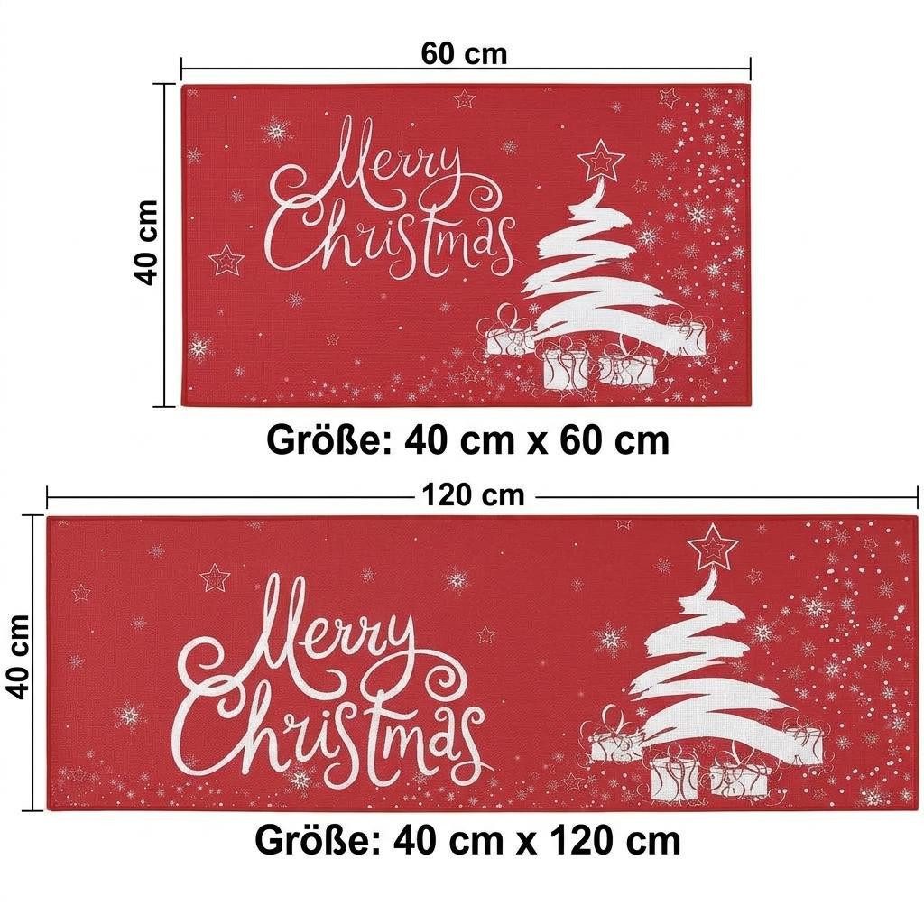 GarveeMore Küchenläufer 2‑tlg Weihnachts‑Küchenteppich‑Set 40×60+40×120cm, Weihnachtsmotiv, rutschfester Gummirücken, Polyester‑Gewebe für Küche & Eingang – Bild 2 von 5