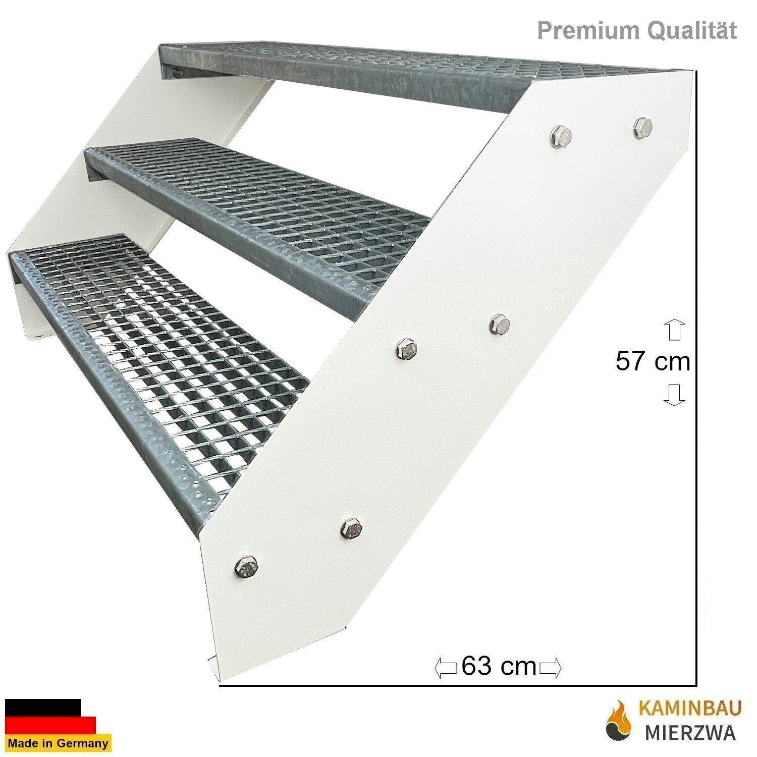 Kaminbau Mierzwa Außentreppe Premium Treppe Weiß Höhe Verstellbar, für Geschosshöhen bis 57 cm, Stufen Gitterroststufen nach DIN 24531, (Höhe 57 cm, Breite wählbar aus 60, 80, 100, 120, 140 cm), Gartentreppe Stahltreppe Wetterfest Rostfrei Feuer-Verzinkt Rutschfest