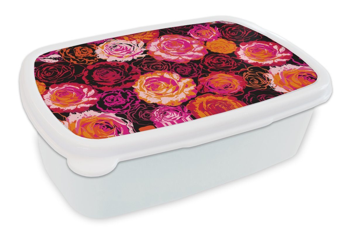 MuchoWow Lunchbox Rosen - Muster - Blumen, Kunststoff, (2-tlg), Brotbox für Kinder und Erwachsene, Brotdose, für Jungs und Mädchen weiß