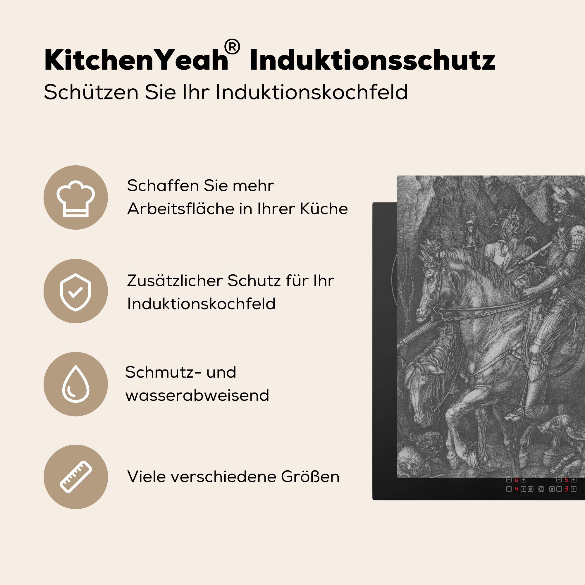 cm, Arbeitsplatte Vinyl, MuchoWow tlg), für 78x78 Ritter, küche und Albrecht Teufel Herdblende-/Abdeckplatte (1 Tod - Dürer, Ceranfeldabdeckung,