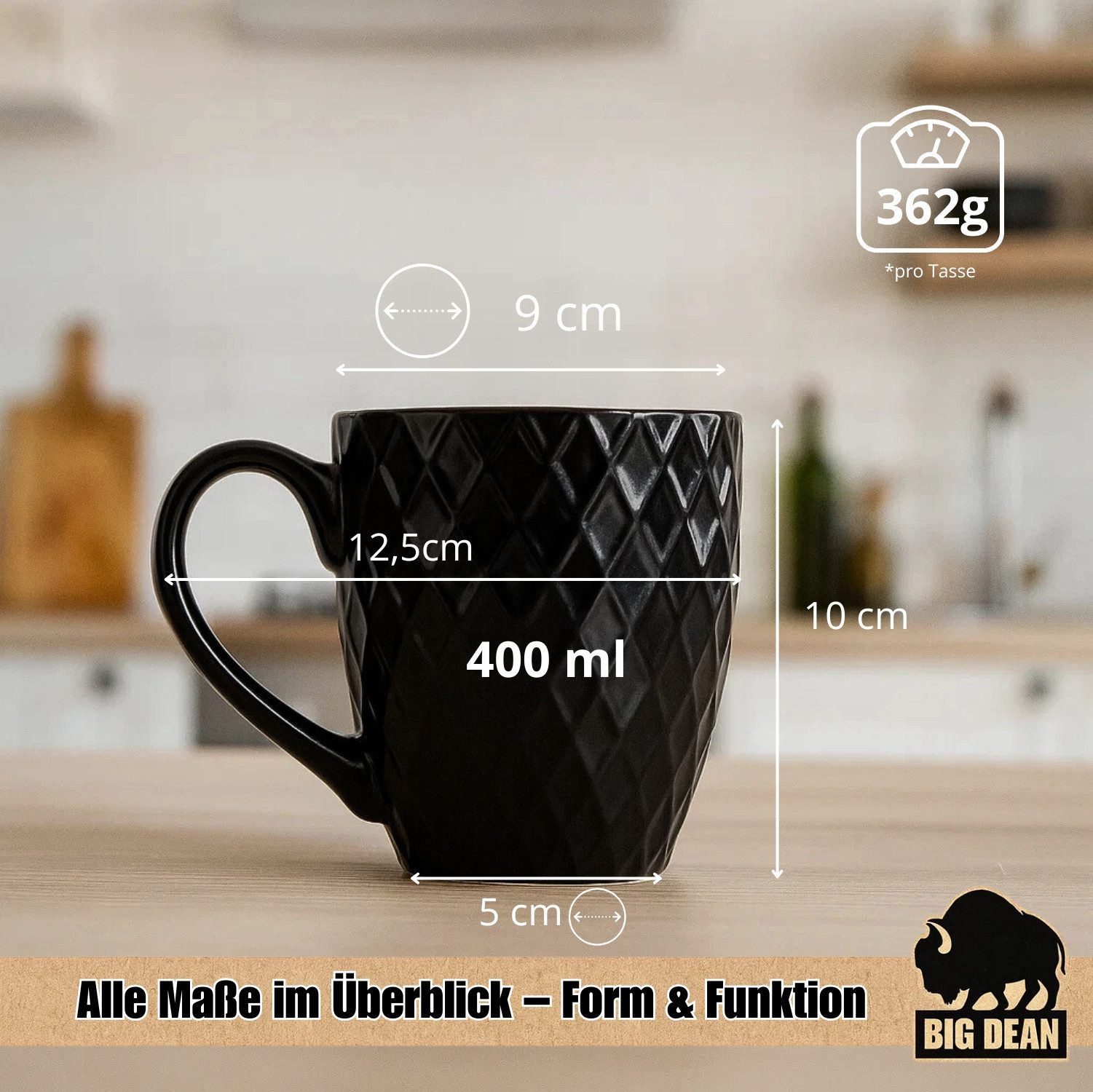BigDean Tasse 6 Stück Kaffeetassen 400ml schwarz matt Kaffeebecher Keramik, 1-tlg., Keramik, Zeitlos in Schwarz und aus Hochwertiger Keramik