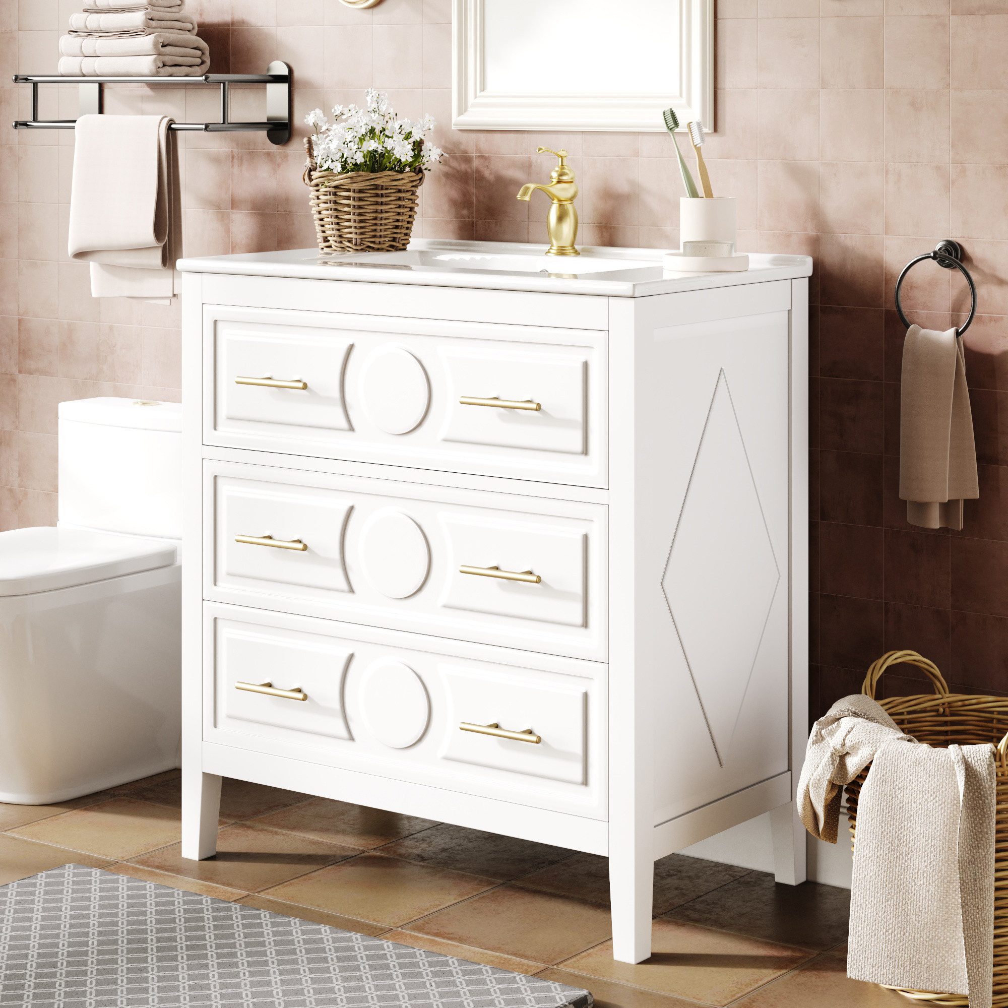STILVORA Badkommode Waschtischunterschrank Waschtischunterschrank mit Soft-Close-Funktion (Badezimmerunterschrank mit Keramikbecken, 81×46,5×86,5 cm, MDF+Keramik, Weiß, mit 3 Schubladen, bis 60 kg), Retro-Design, Soft-Close, pflegeleicht, freistehend
