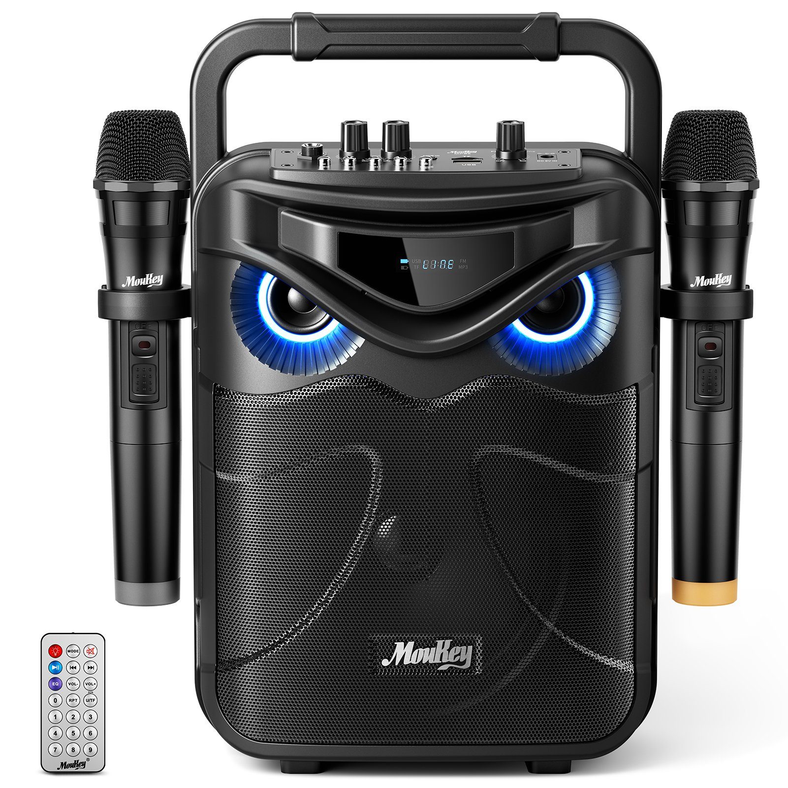 Moukey Moukey Karaoke Anlage mit 2 drahtlosen Mikrofonen MPS3 Lautsprecher  (tragbar, PA-System, Unterstützen Sie Rec/Aux/MP3/USB/TF/FM)