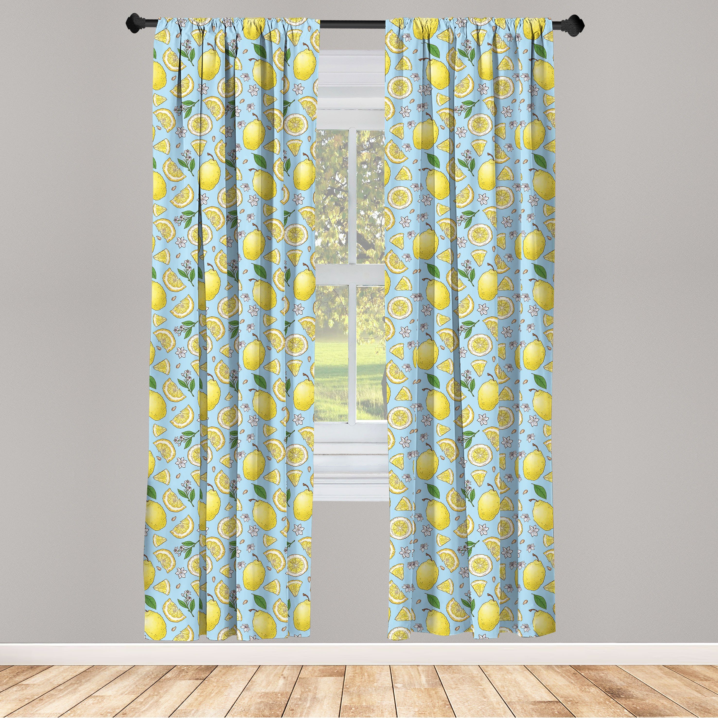 Gardine Vorhang für Wohnzimmer Schlafzimmer Dekor, Abakuhaus, Microfaser, Zitronen Bunte Citrus Blumen-Kunst | Fertiggardinen