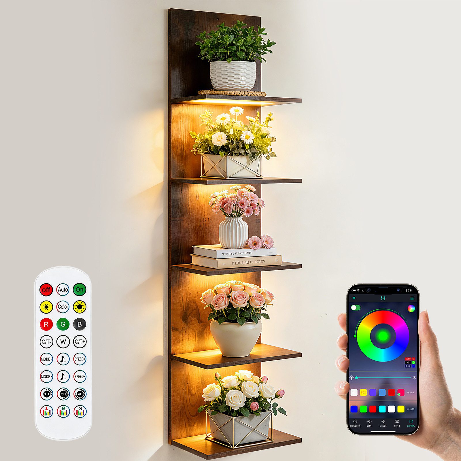 XERSEK Wandregal Bücherregal mit RGB+IC Lauflicht, Hängeregal Wandboard 30×18×117cm, App & Fernbedienung, Einzeln Ansteuerbare LEDs, Unsichtbare Montage, Wandboard Aufbewahrung & Zeigen von Kopfhörer Modelle Duft Dekoartikel