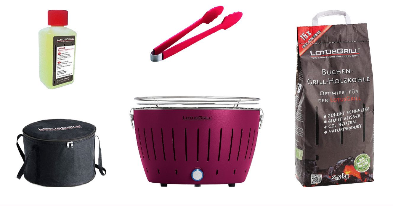 LotusGrill Holzkohlegrill Classic Starter-Set Pflaumenlila – raucharm, komplett & mobil