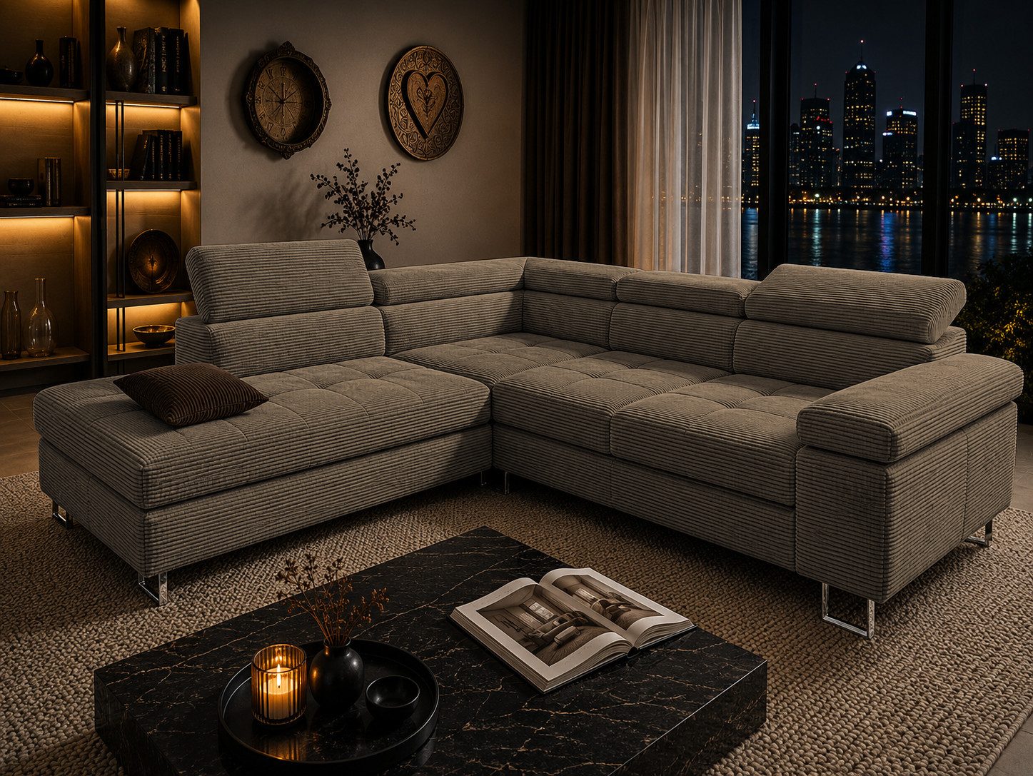 Goldstoff Ecksofa mit Schlaffunktion, Cord Couch für Wohnzimmer - Cord Ecksofa, Cord Sofa VOYAGE 2 Teile, Großer Bettkasten