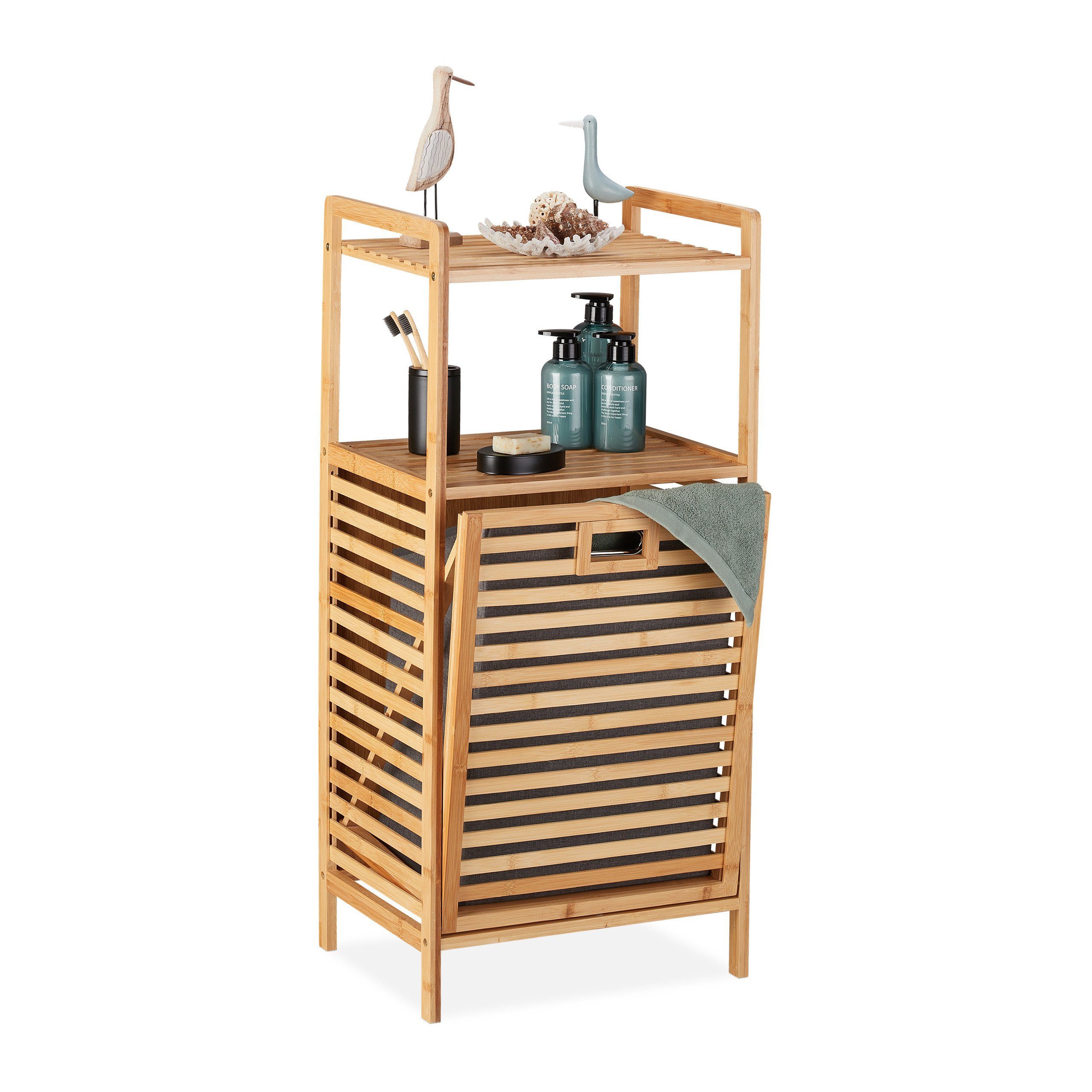 Relaxdays Wäschekorb Bambus – 30 Liter, Faltbar, Mit Deckel, Halbrund, Grau