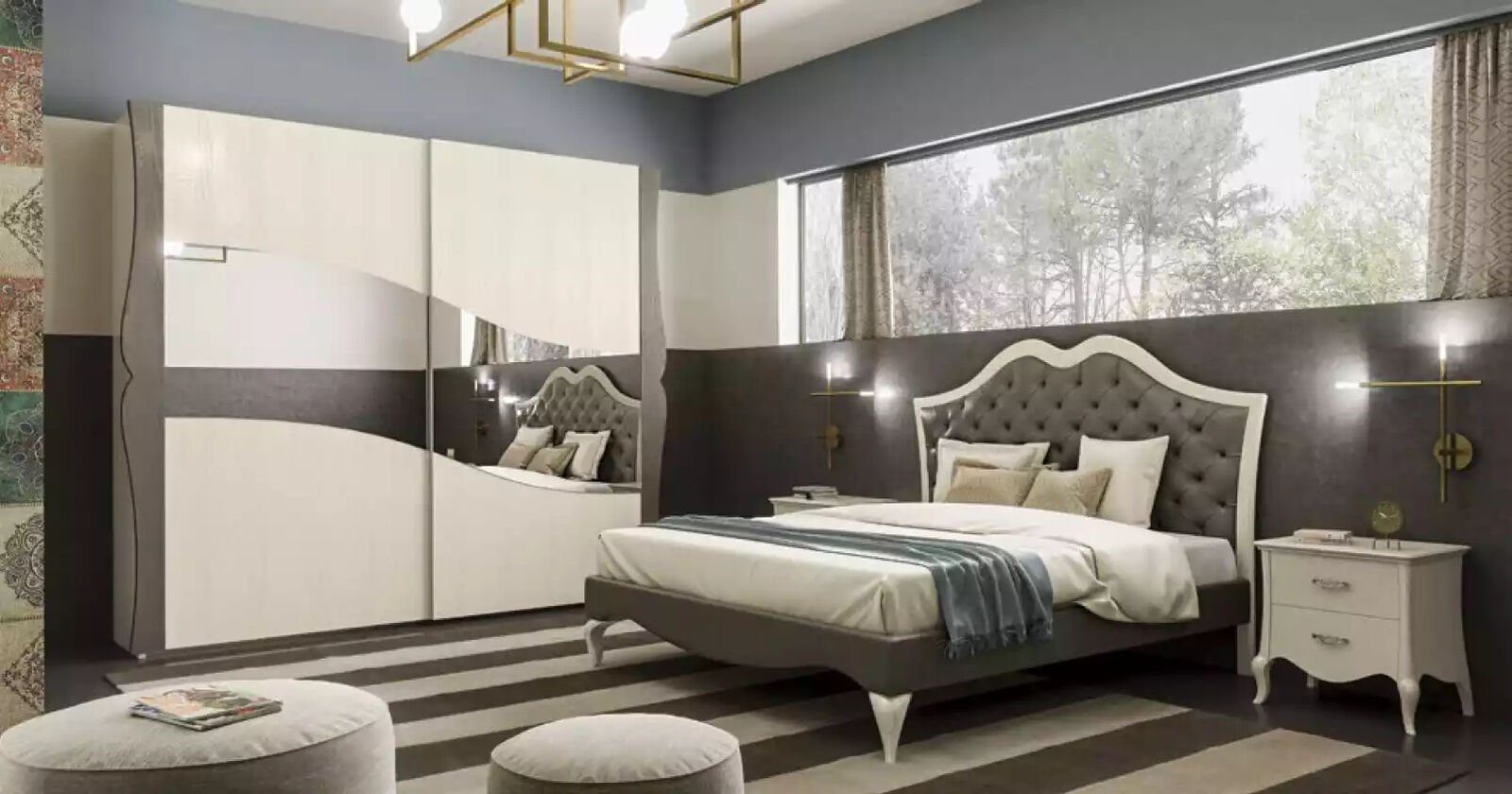 JVmoebel Schlafzimmer-Set Design Schlafzimmer Bett 2x Nachttische Modern Luxus Möbel, (4-St., Nur Bett + 2x Nachttische + Kleiderschrank), Made in Italy