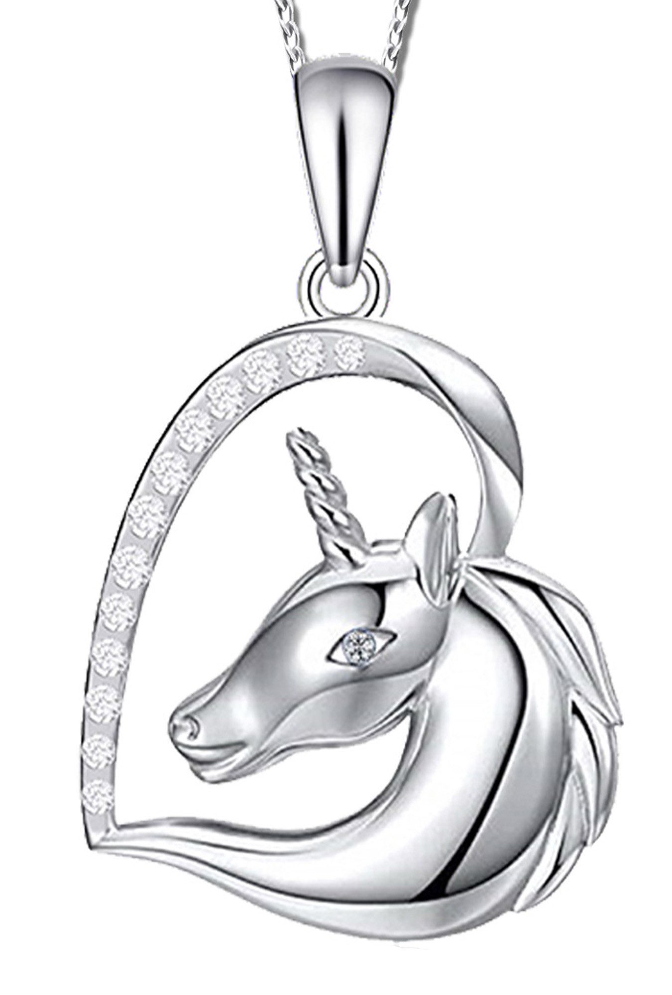 Limana Kette mit Anhänger Herz Pferd Einhorn 925 Sterling Silber Kinderkette Mädchen (inkl. Herz Geschenkdose), Geschenk für Kinder Kinderschmuck