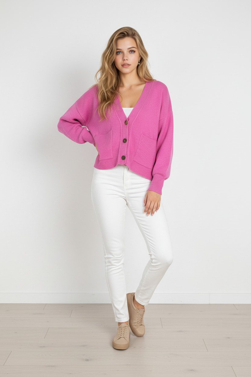 Zuckerwatte Strickjacke mit V-Ausschnitt aus weichem Merino Cashmere Blend