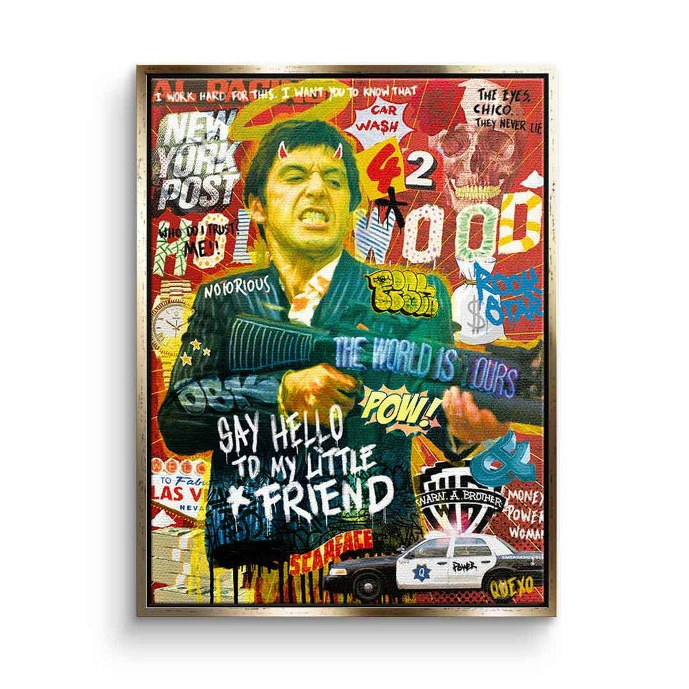 DOTCOMCANVAS® Leinwandbild, Leinwandbild Scarface Rahmen Say Tony Al hello goldener Pop collage Pacino Art Montana