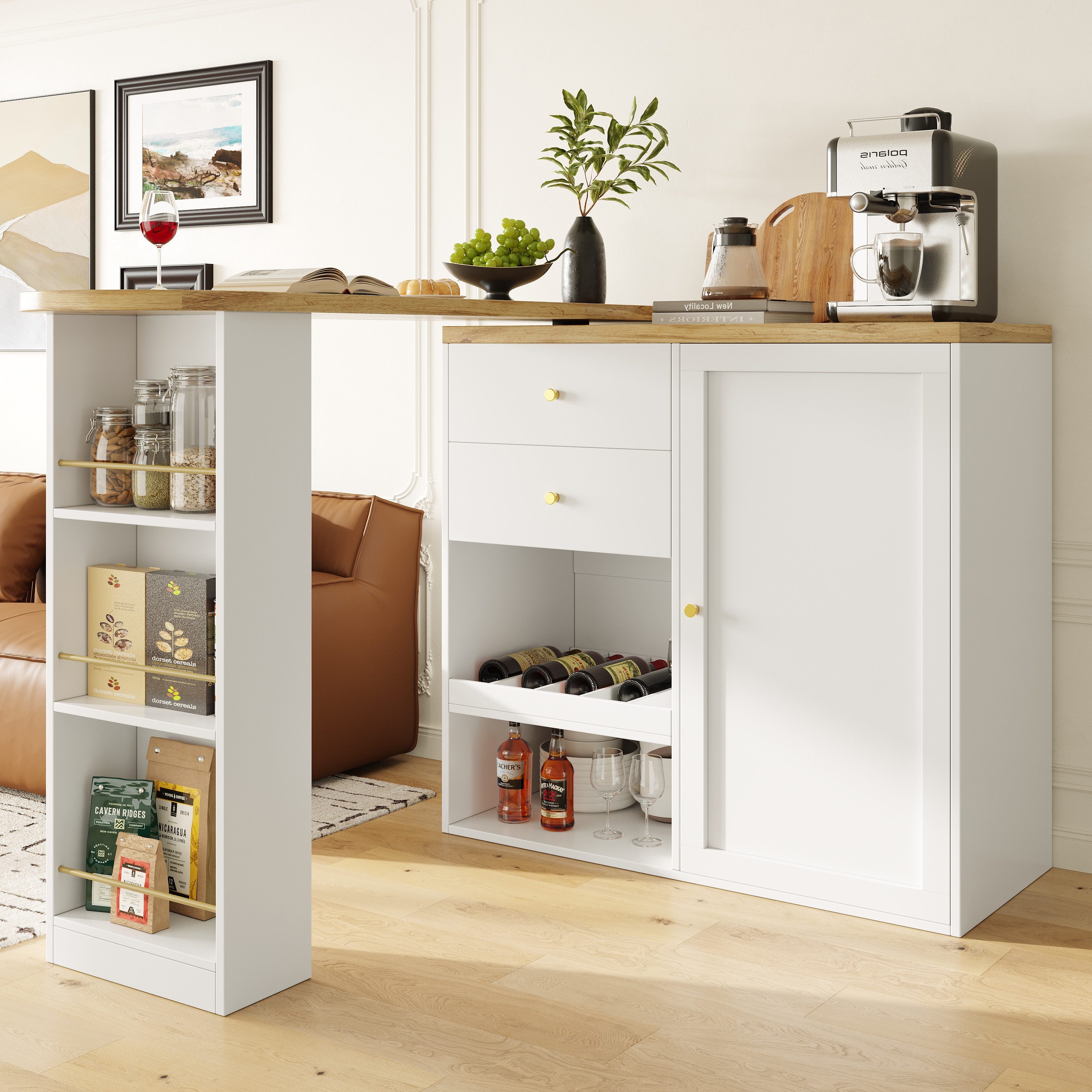 Flieks Bartisch 360° drehbar Stehtisch mit Kommode (Set, 2-St., für Esszimmer/Arbeitszimmer/Wohnzimmer), ausziehbar Esstisch Schrank mit Schubladen, Weinregal und Türablagen