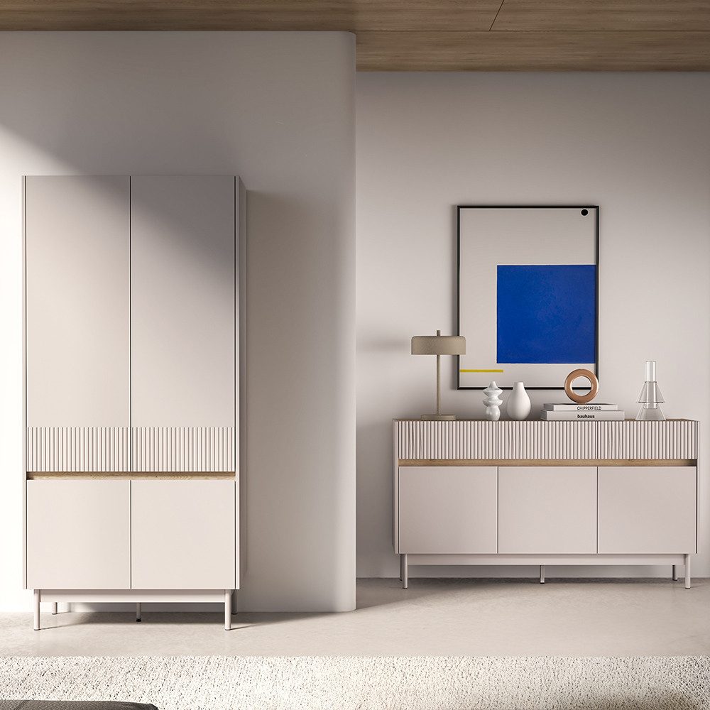Lomadox Schlafzimmer-Set DINAR-131, (Spar-Set, 2-tlg., Vitrinenschrank Couchtisch Lowboard Sideboard), kaschmir matt Eiche-Dekor modern Metallfüße grifflos Rillen