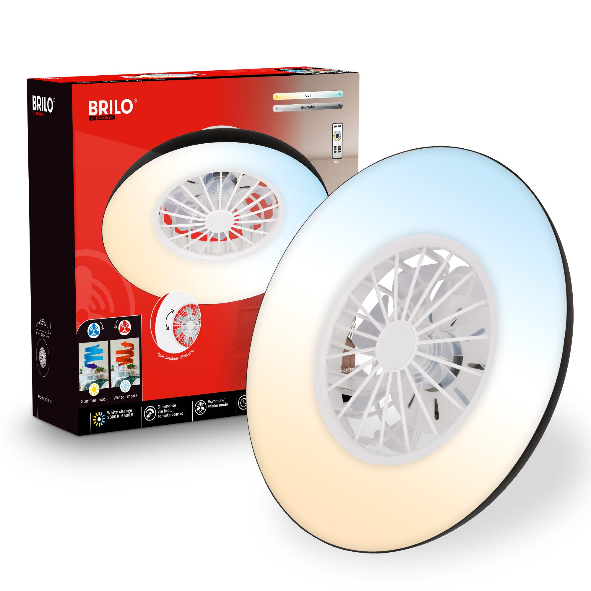 Briloner Leuchten LED Deckenleuchte Deckenventilator mit Licht DC-Motor Fernbedienung Dimmbar, LED fest integriert, CCT Farbtemperatursteuerung - Warm-/Neutral-/Kaltweiß, 60 x 19 cm (DxH), Schlafzimmer, Wohnzimmer, Esszimmer, Flur, Küche