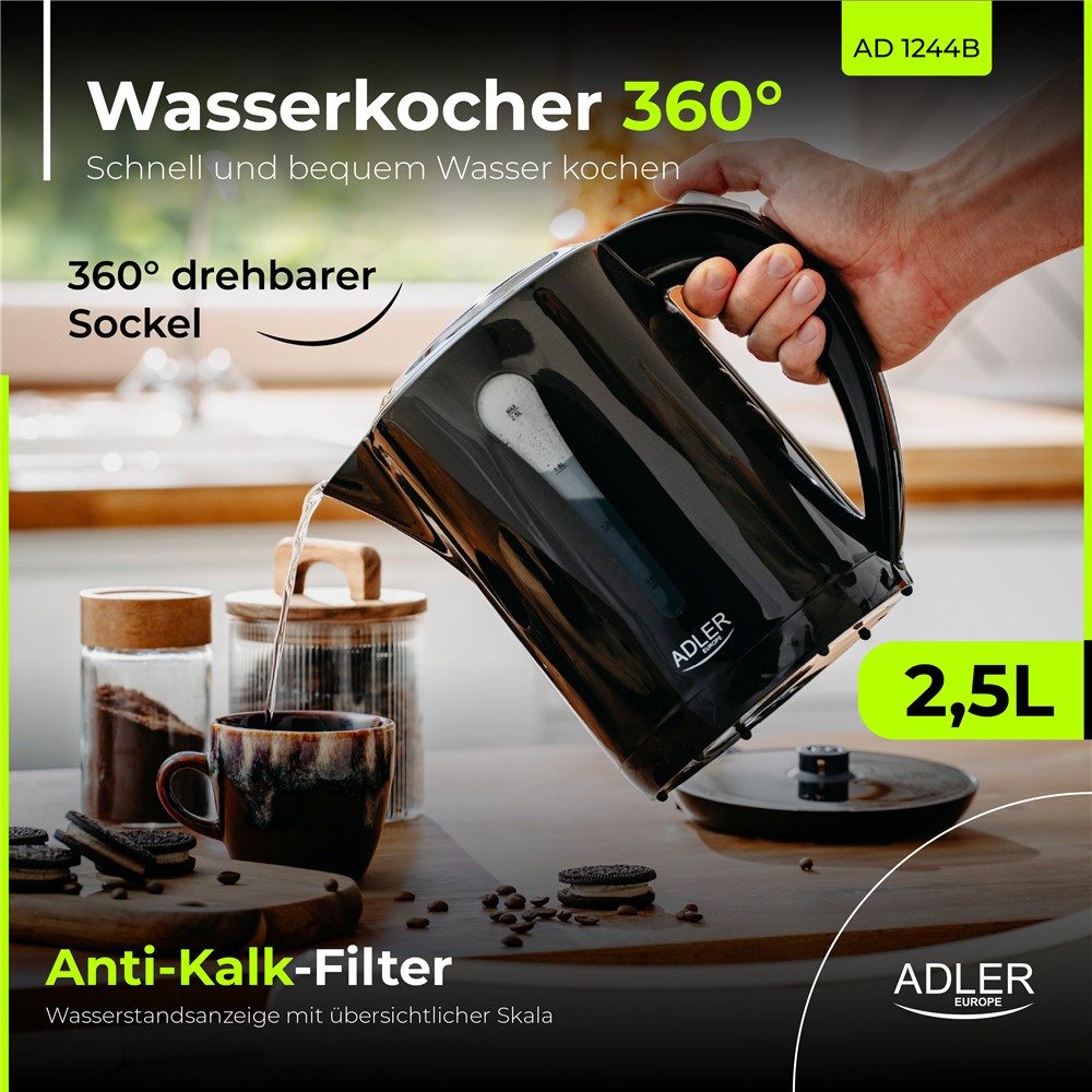 ADLER EUROPE Wasserkocher AD 1244 großer elektrischer XXL Familien-Wasserkocher, 2,5 l, 2200 W, für Küche, Büro und Haushalt, Kalkfilter, 360° Basis, Schwarz
