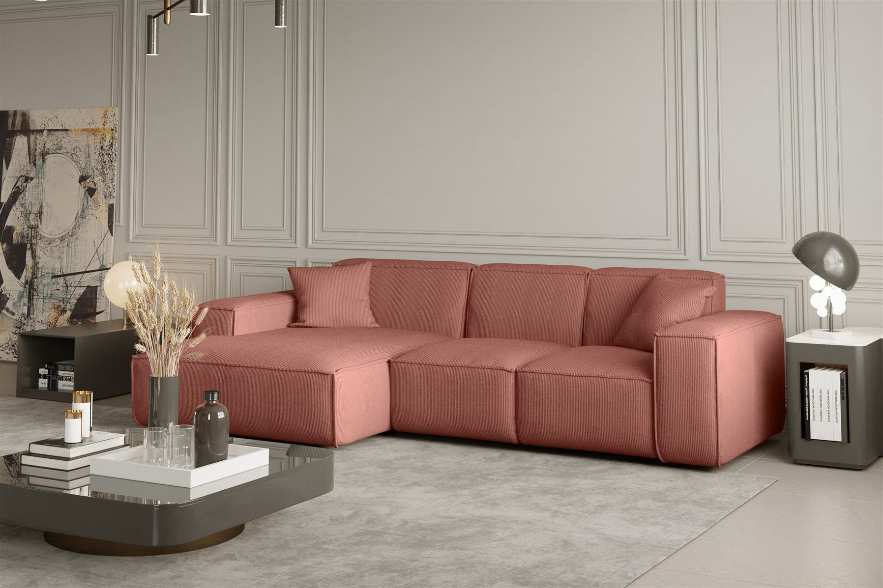 Fun Möbel Ecksofa Designersofa CELES Ottomane Links oder Rechts in Stoff, inkl. 2 Zierkissen