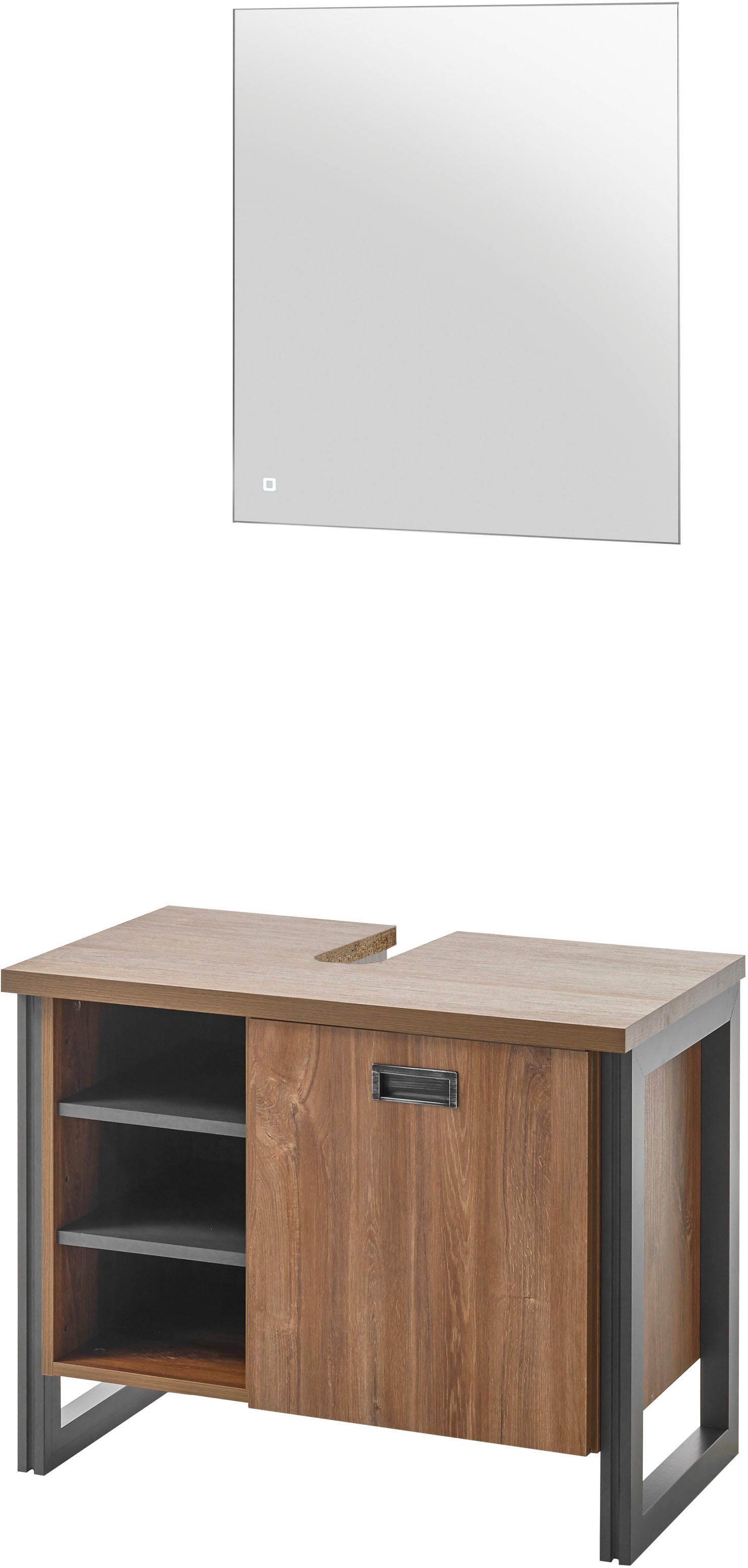 Home affaire Badmöbel-Set Detroit, Bad im Industrialdesign, inkl. LED, 2-teiliges Badezimmer, (2-St), Waschbeckenunterschrank und Spiegel, holzfarben, mit offenen Fächern