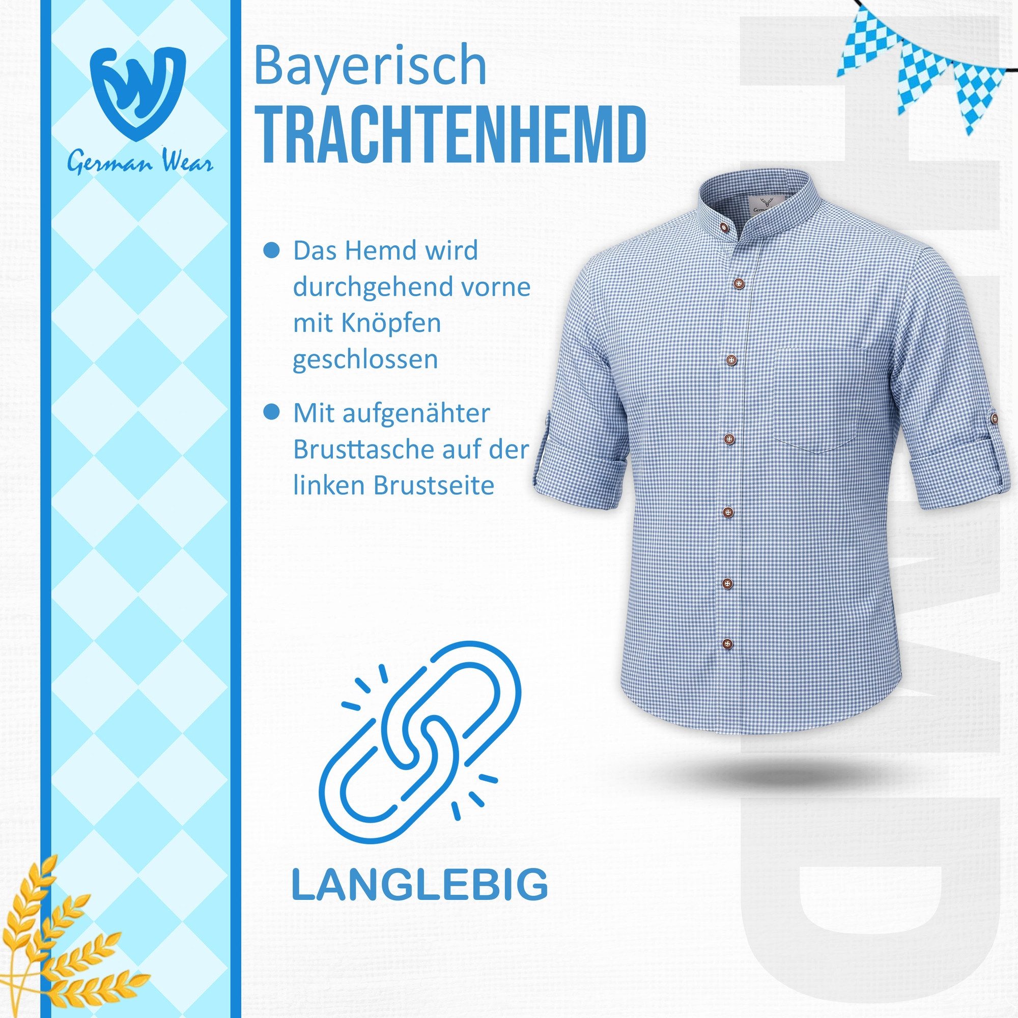 German Wear Trachtenhemd GW120x-SK Trachtenhemd mit Stehkragen für Trachtenlederhosen kariert – Bild 2 von 5