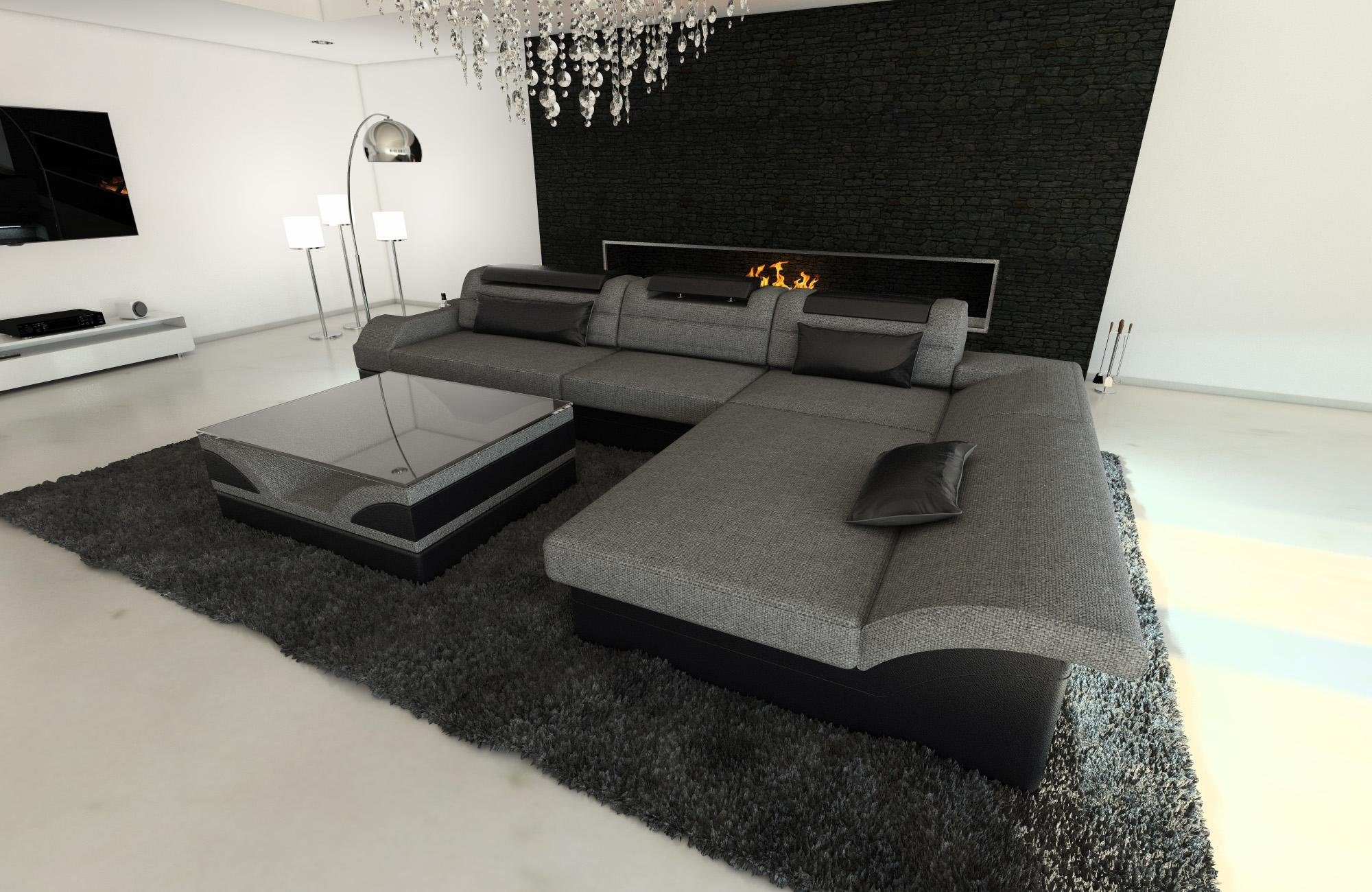 Sofa Dreams Ecksofa Stoffsofa Couch ausziehbare Monza Form, Polstersofa Designersofa LED, Stoff Grau-Schwarz mit Bettfunktion, L H5