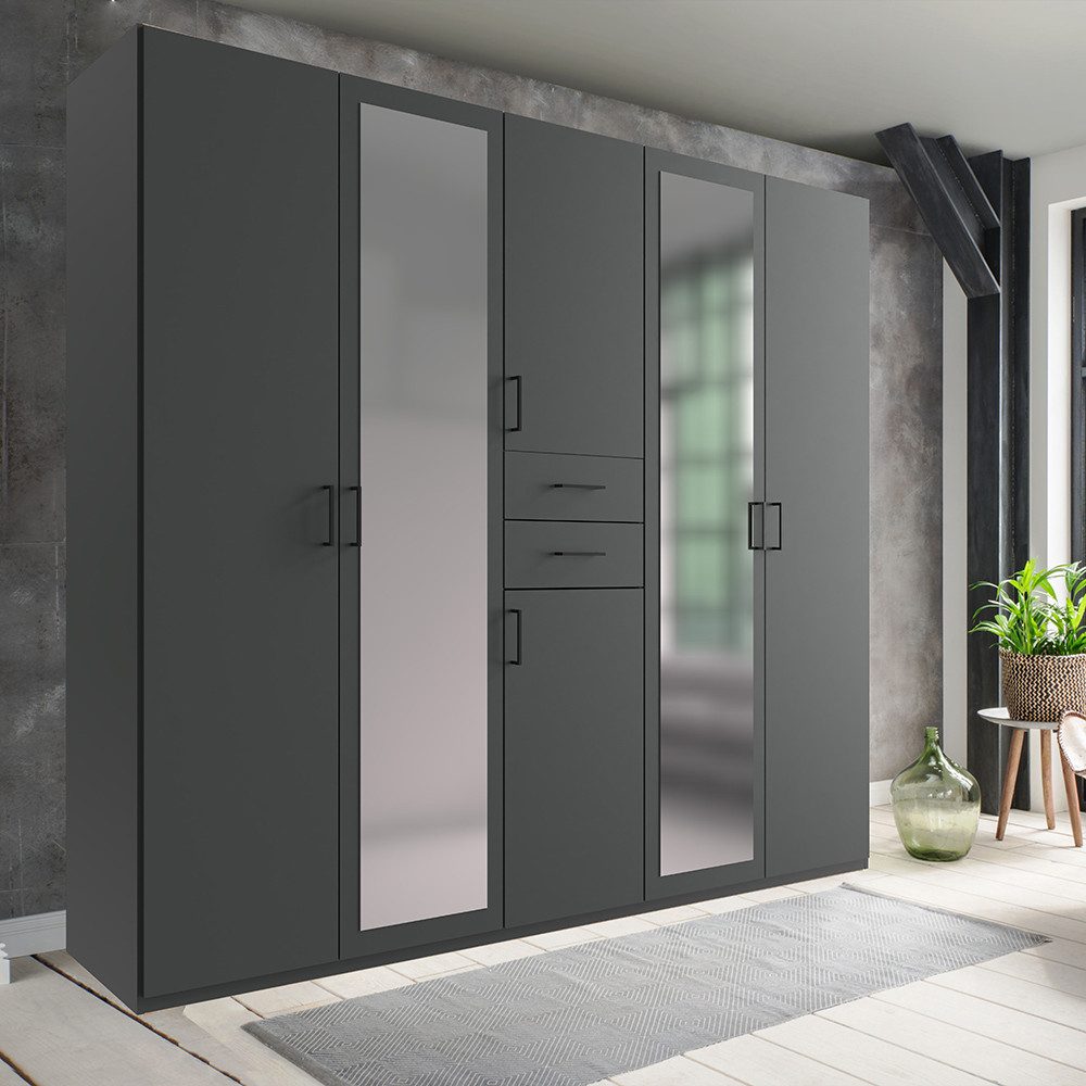 Lomadox Kleiderschrank DUNBAR-43 Drehtürenschrank 225cm, 6 Türen, 2 Schubladen, graphit