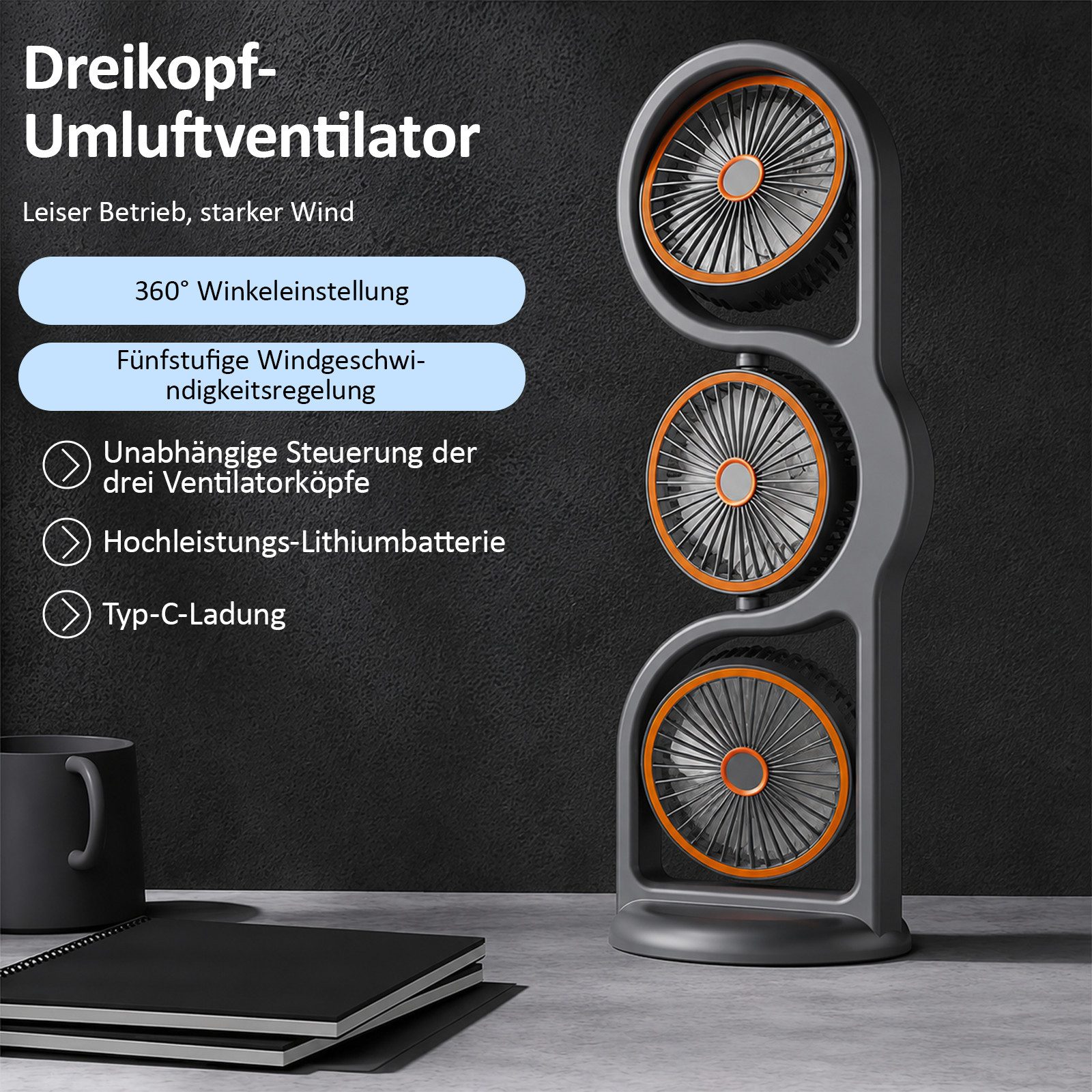MOPUEA Standventilator 360° drehbarer 3-Kopf-Luftzirkulationsventilator USB-Tischventilator, 5 Stufen Standventilator Luftzirkulation Leiser Betrieb USB Aufladbar