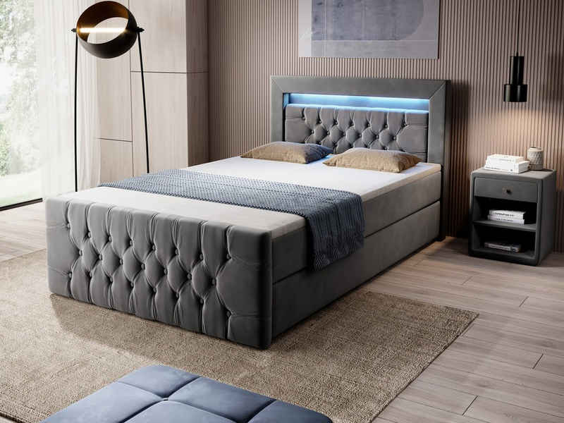 Möbel für Dich Boxspringbett Verona 120 mit Farbauswahl, 120x200cm, LED-Licht und Bettkasten