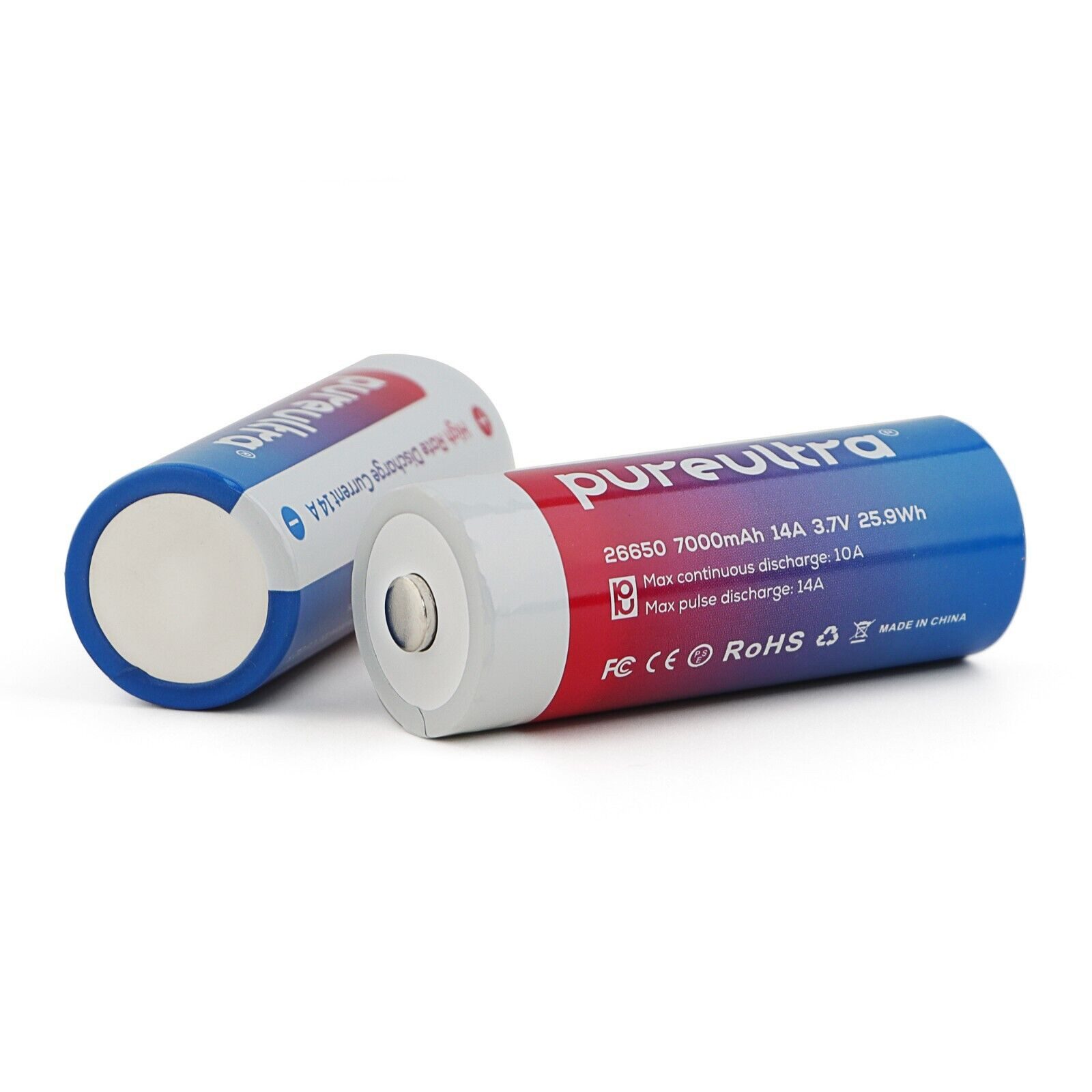PureUltra 26650 Akku 5000 - 7000mAh High Drain 14A 7000 mAh (3,7 V), Li-Ion Hochleistungsakku mit PCB