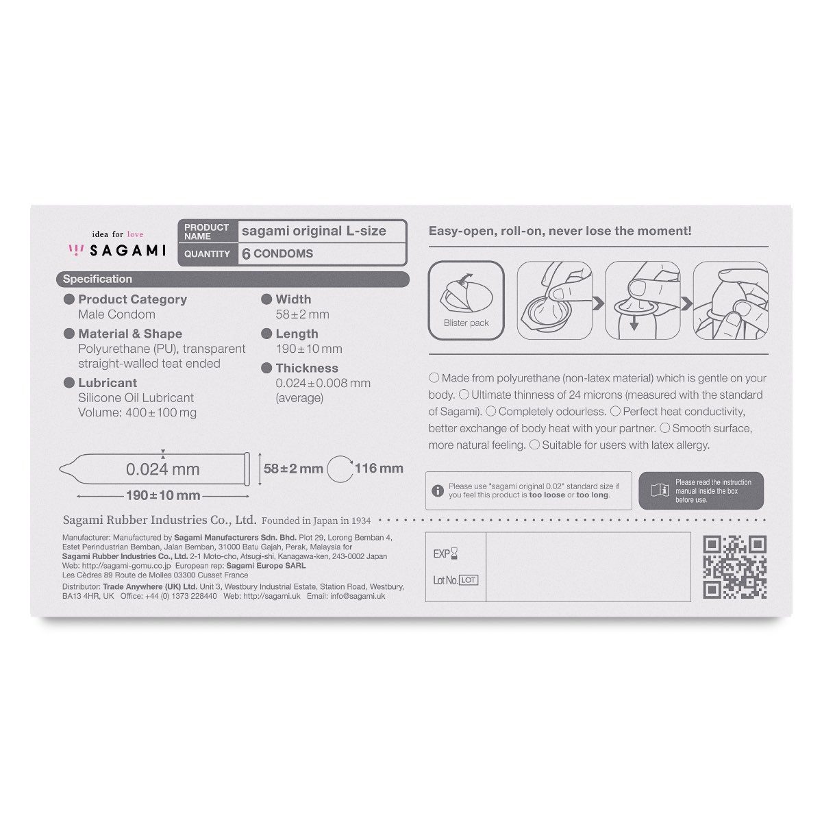 Sagami Einhand-Kondome Sagami ultradünne Kondome 0,02 Size L 6 Stück, 3 St., ultradünn