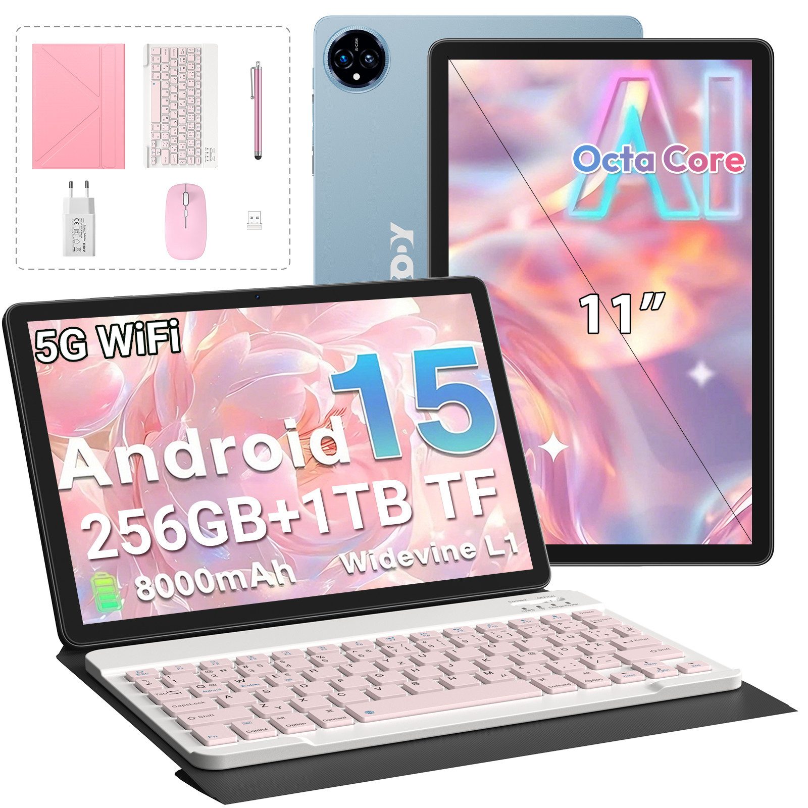 XGODY Q17 Tablet 11 Zoll, Android 15 Tablet, 256GB ROM (TF 1TB), 5G WiFi Tablet (11", 256 GB, Android 15, 8000 mAh inkl. deutscher Bluetooth-Tastatur, Stift & Hülle – WiFi)