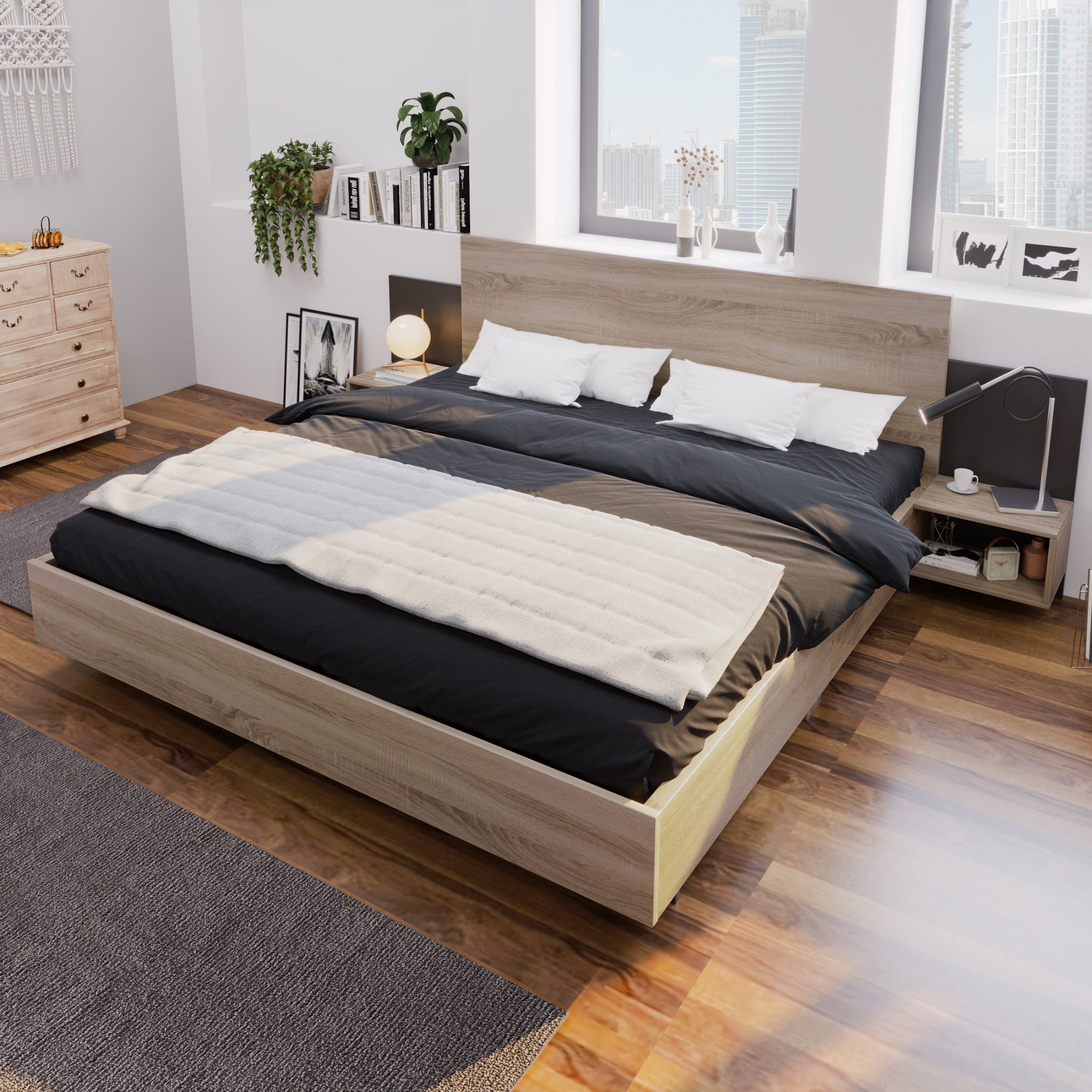 autolock Massivholzbett Holzbett Doppelbett Bettanlage mit 2 Nachttischen, 160 x 200 cm, Bettgestell für Erwachsene, Jugendliche und Kinder, Eiche Sonoma
