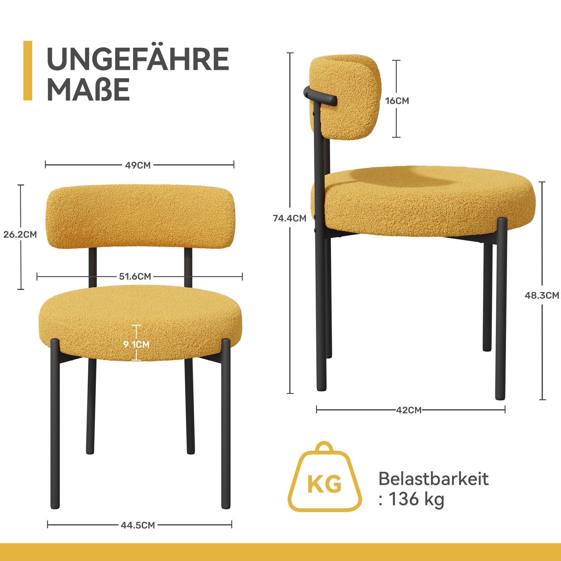 HawthyHome Esszimmerstuhl Runder Polsterstuhl mit Metallgestell, Wohnzimmerstuhl, Küchenstuhl (4 St), 4er Set