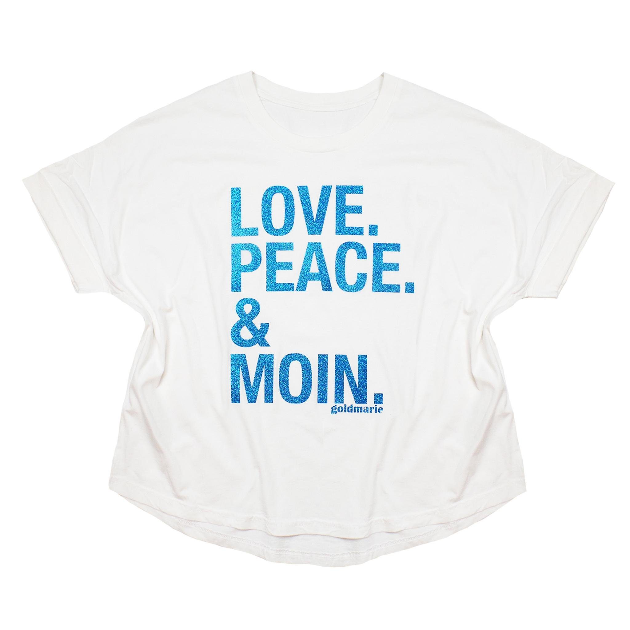 goldmarie T-Shirt LOVE PEACE MOIN Shirt Uschi weiß blau mit Glitzer Baumwolle