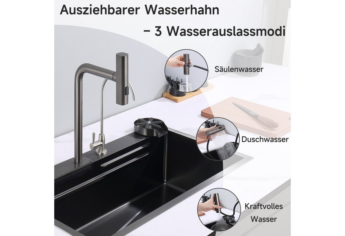 Thumbnail - Oihpaw Küchenspüle mit herausziehbarer Armatur und 3 Strahlarten, (Multifunktionales Wasserfall-Spülbecken), Edelstahlsp...