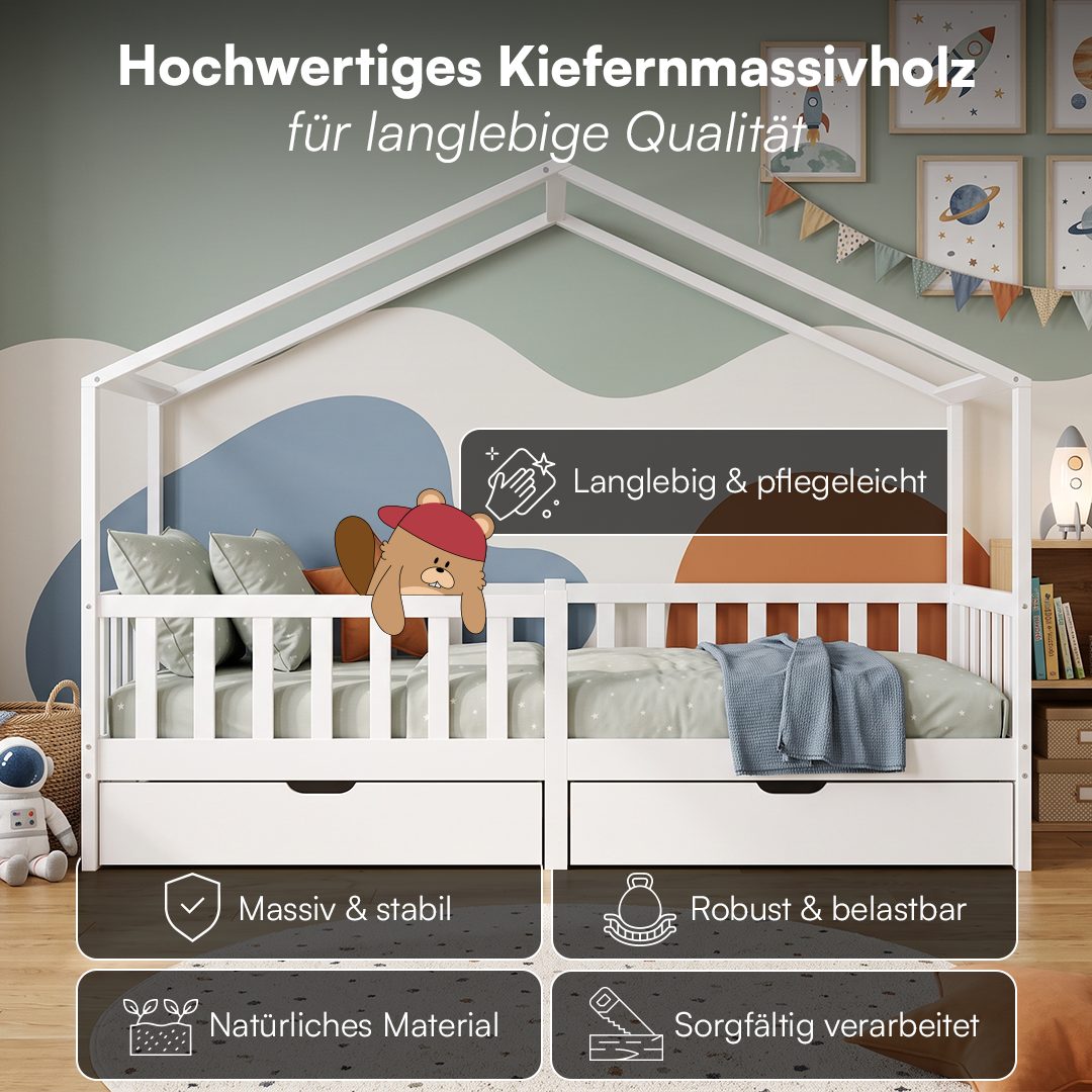 Bellabino Kinderbett Bia mit Rausfallschutz & Lattenrost (weiß, mit zwei Schubladen und Matratze), Kinderbett aus Kiefernholz, verfügbar in 80x160/90/120/140x20 – Bild 5 von 5