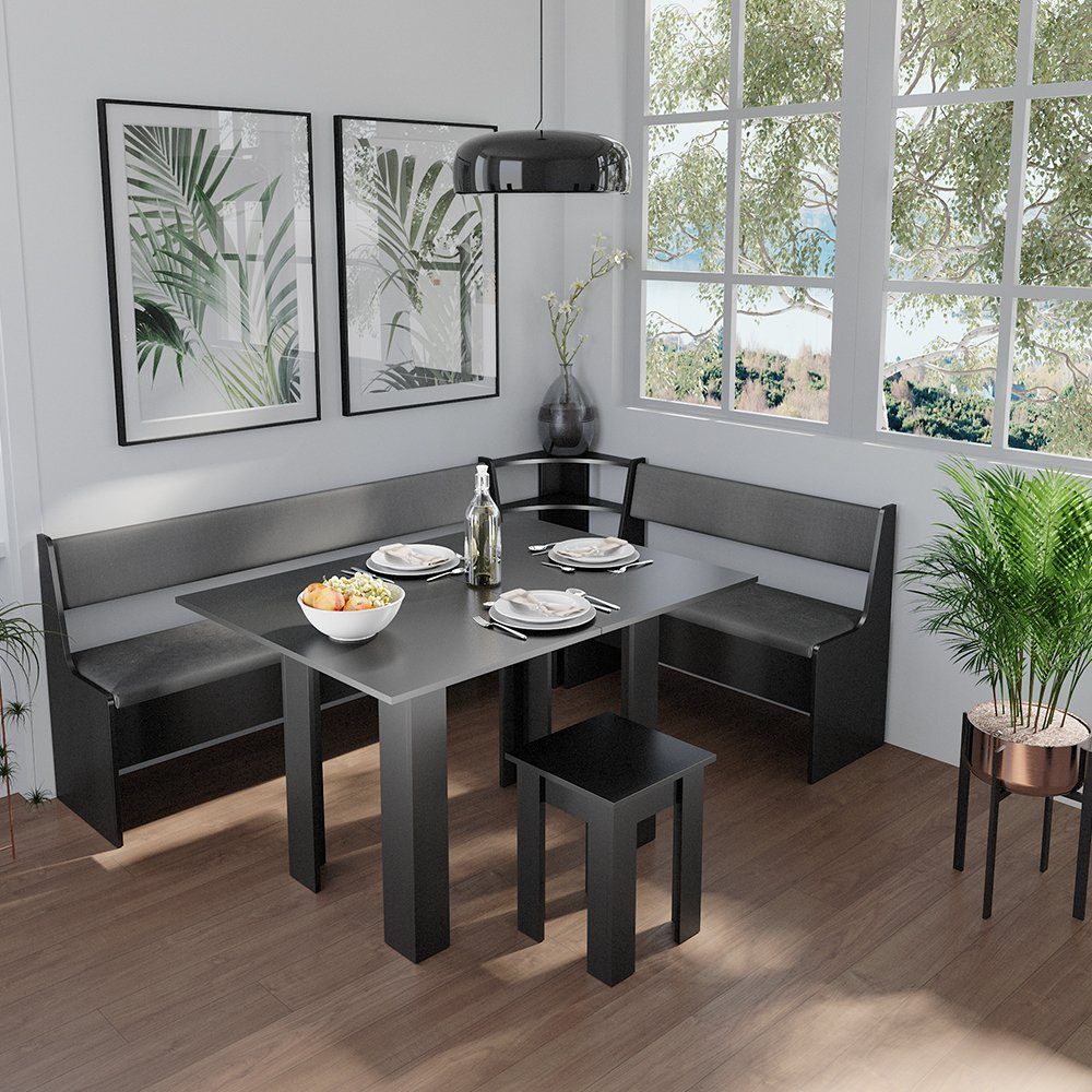 Vicco Sitzgruppe Roman, Schwarz, 150 x 210 cm mit Tisch, (Set, 5-tlg., 5-er Set), Truhenfunktion