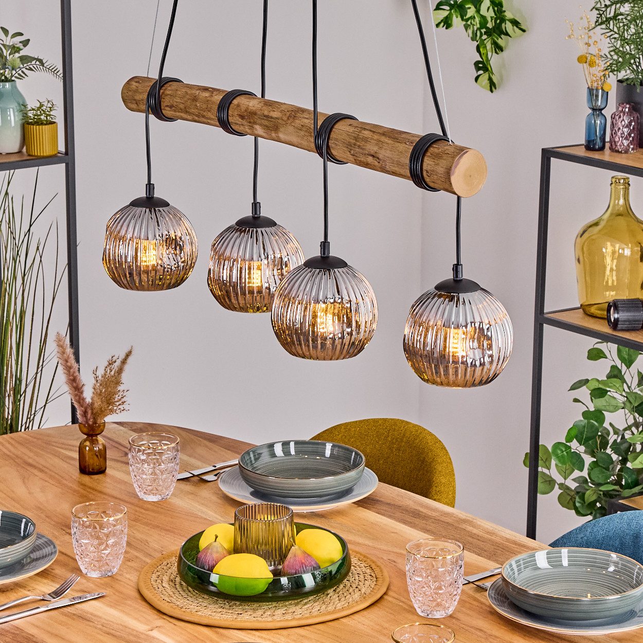 Pendelleuchte Hängelampe aus Metall/Holz/Riffelglas in Schwarz/Natur/Chrom/Rauch