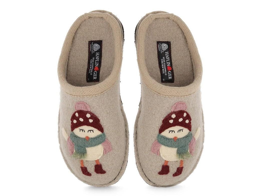 Haflinger HAFLINGER Flair Birdie Damen Pantoffeln, beige Hausschuh Tiermotiv, Walkstoff, temperaturregulierend, warm