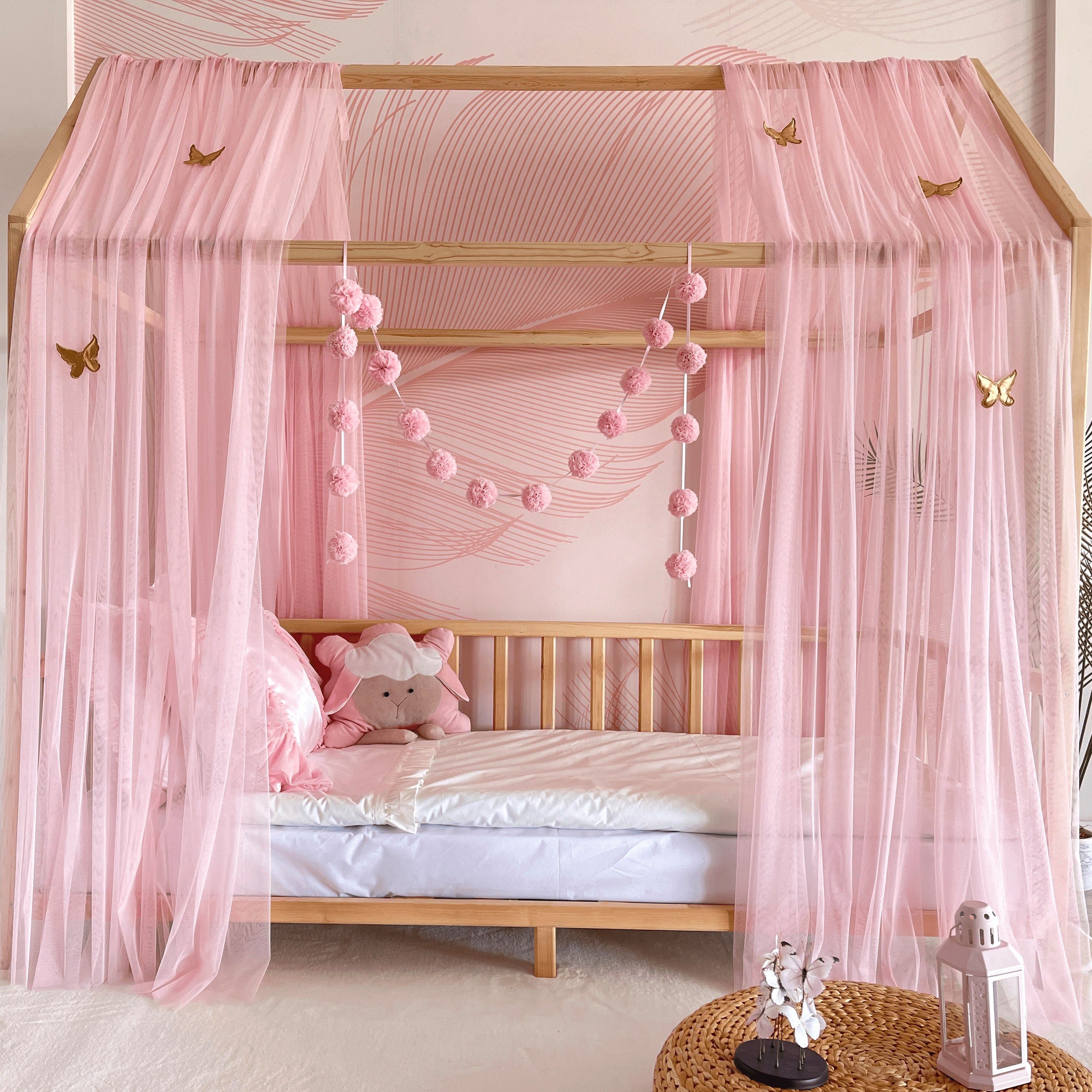 Baby Fancyroom Betthimmel Set), Hausbett Betthimmel Stück mit Stück Hausbett rosa Montessori Baldachin, Betthimmel Kinderbett Himmel 20er und Set 380cm 2 Deko Tüll 2 Kinder Montessori (3-tlg. Baldachin Betthimmel, einer Moskitonetz Pomponkette, 340cm Betthimmel für